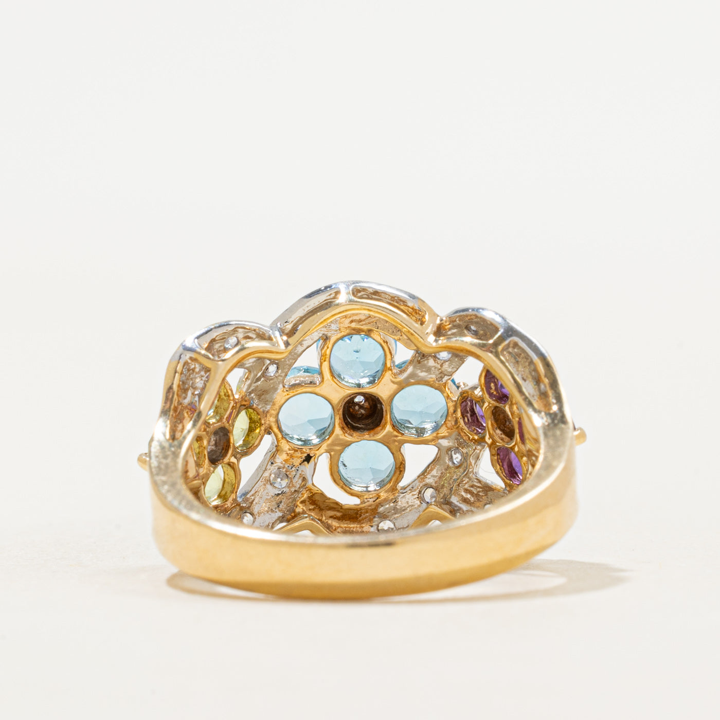 Peridot, Blue Topaz, Amethyst & Diamond Floral Cocktail Ring | 1.92ctw, 0.15ctw | SZ 7