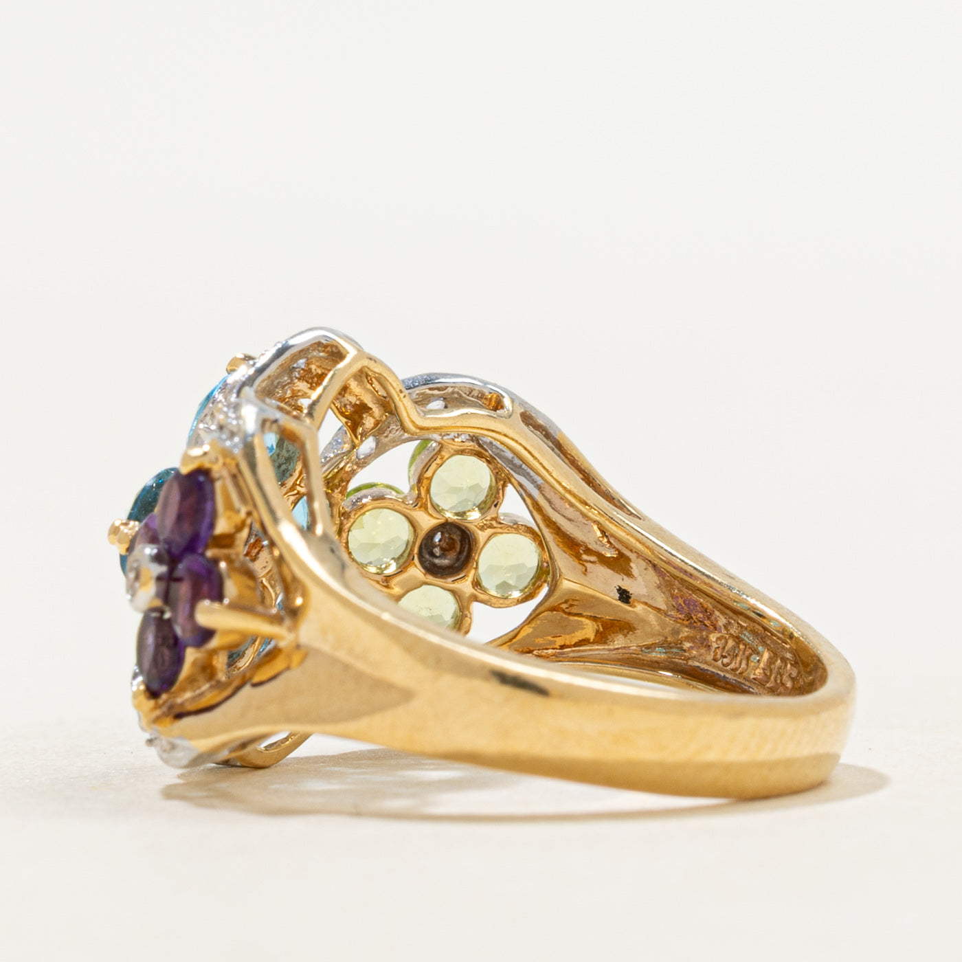 Peridot, Blue Topaz, Amethyst & Diamond Floral Cocktail Ring | 1.92ctw, 0.15ctw | SZ 7