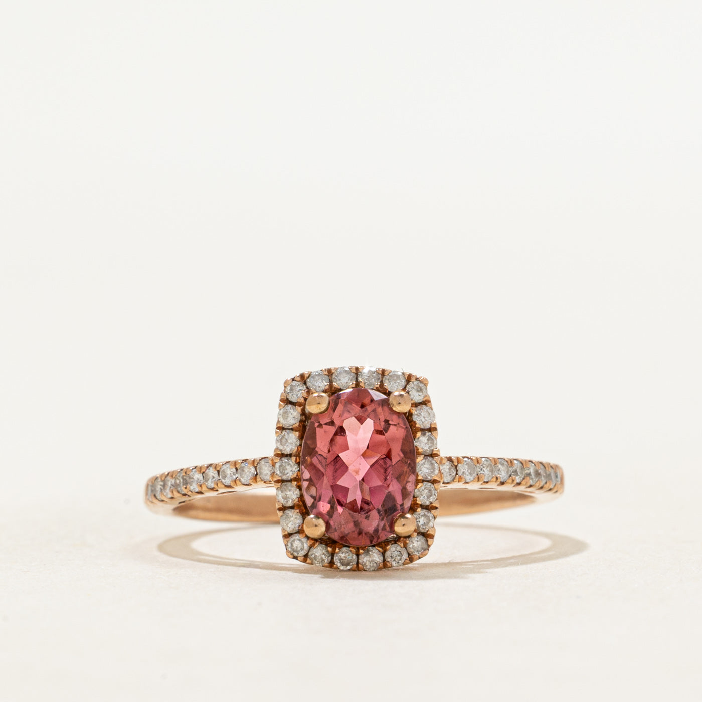 Oval Cut Pink Tourmaline & Diamond Halo Ring | 0.85ct, 0.08ctw | SZ 6.75
