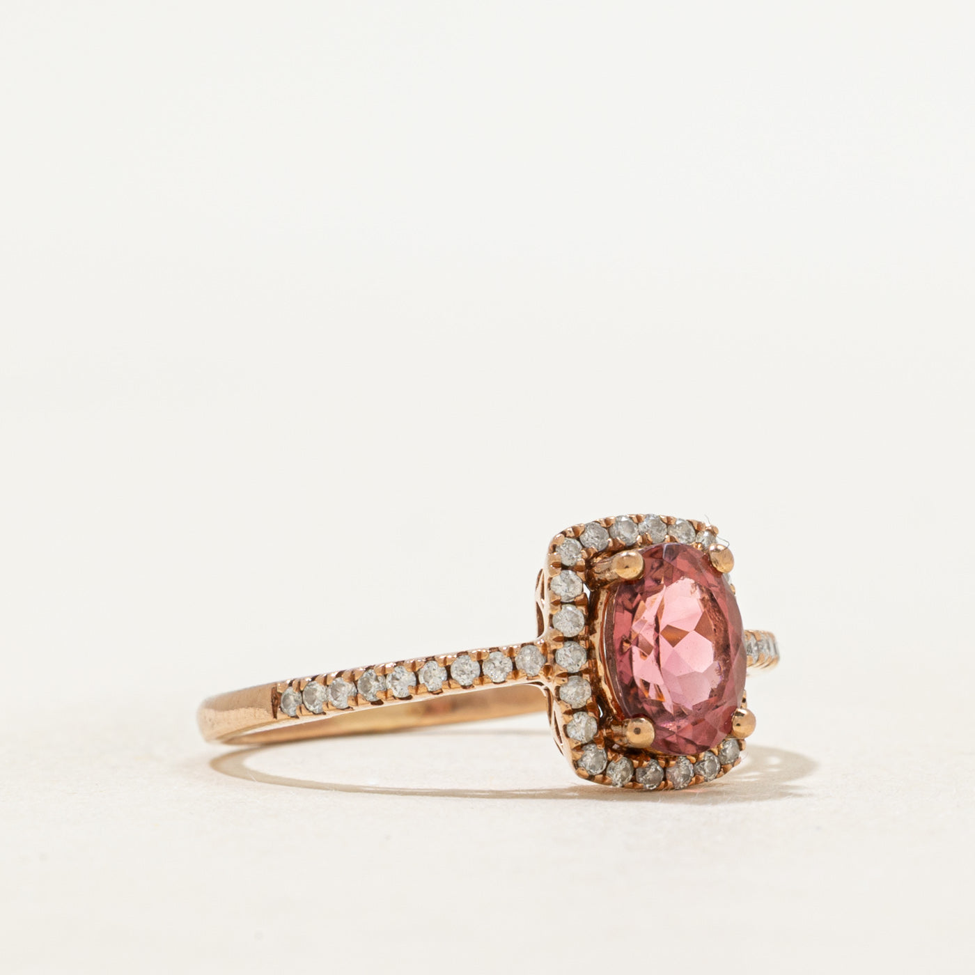 Oval Cut Pink Tourmaline & Diamond Halo Ring | 0.85ct, 0.08ctw | SZ 6.75