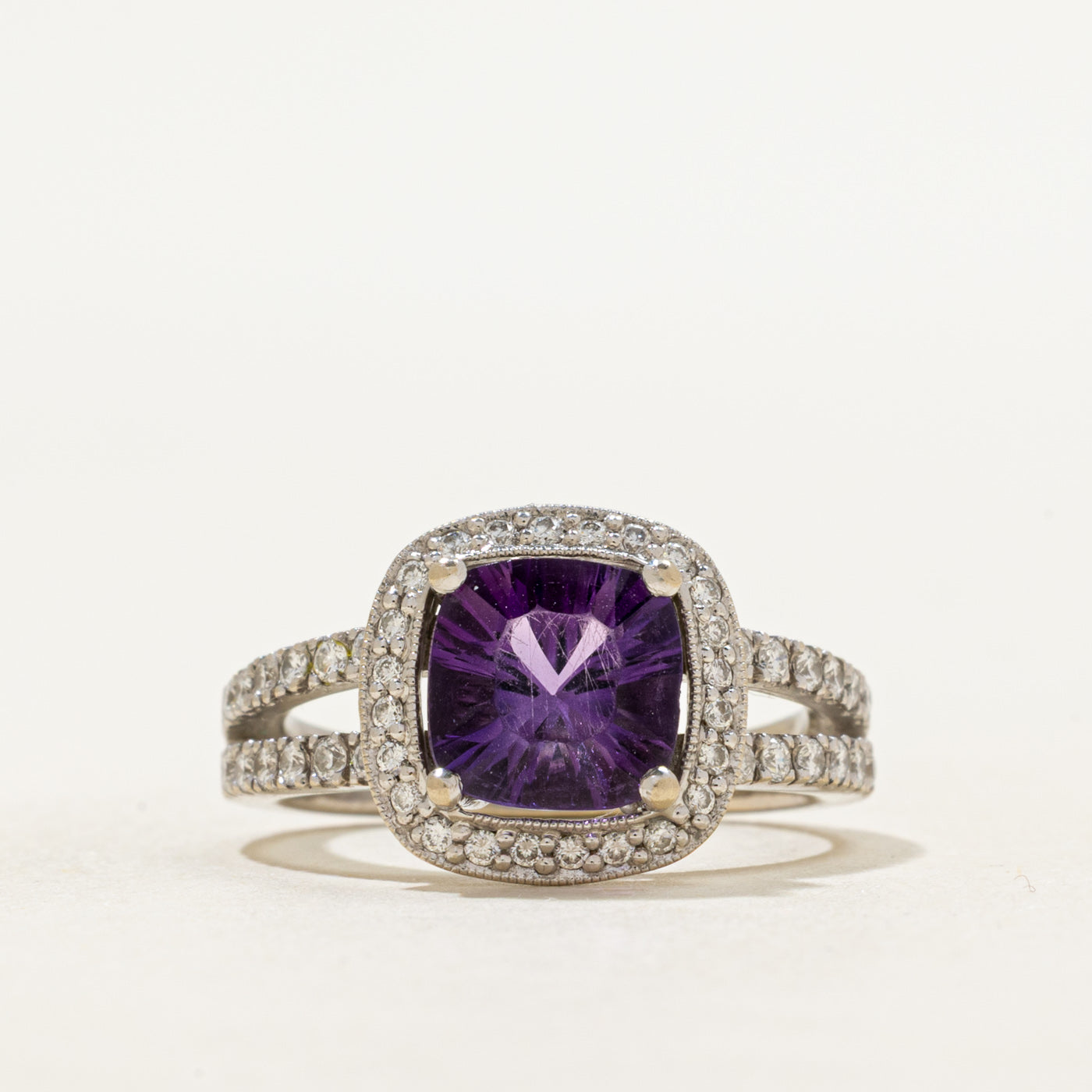 Cushion Cut Amethyst & Diamond Halo Ring | 1.57ct, 0.36ctw | SZ 5