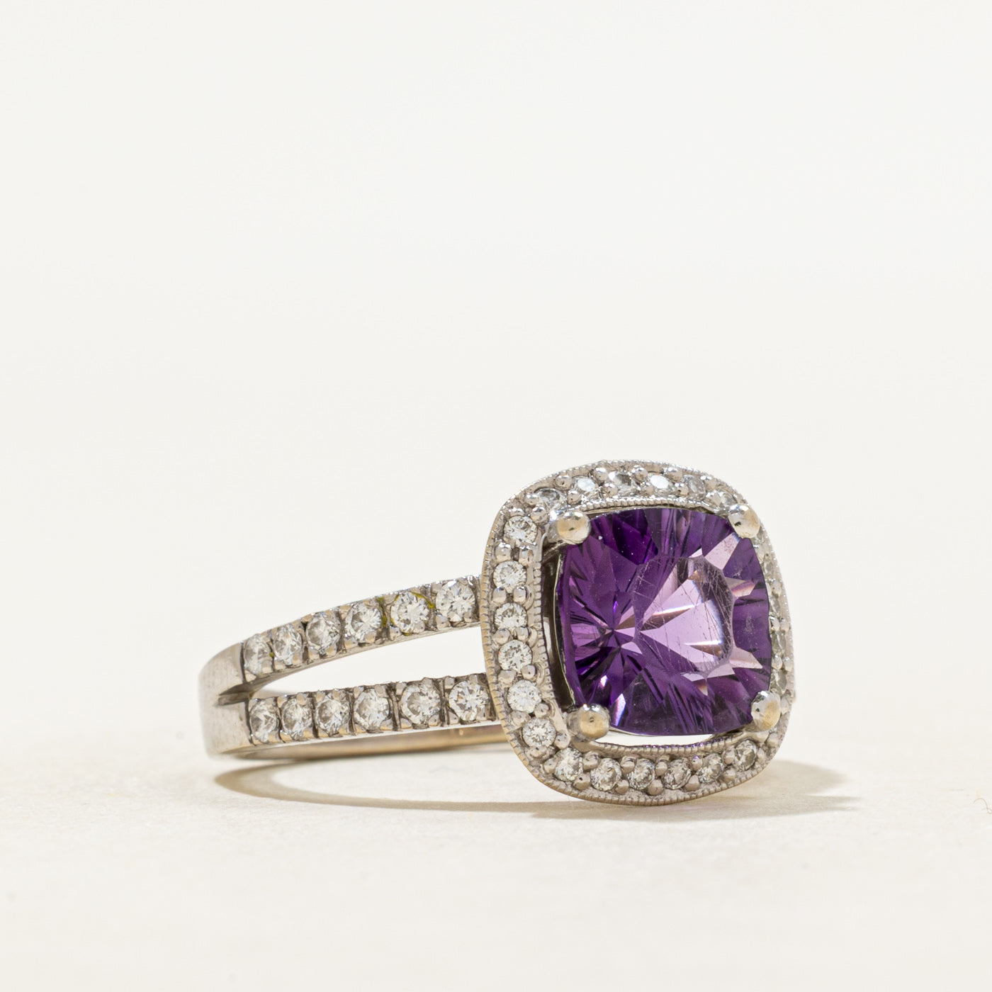 Cushion Cut Amethyst & Diamond Halo Ring | 1.57ct, 0.36ctw | SZ 5