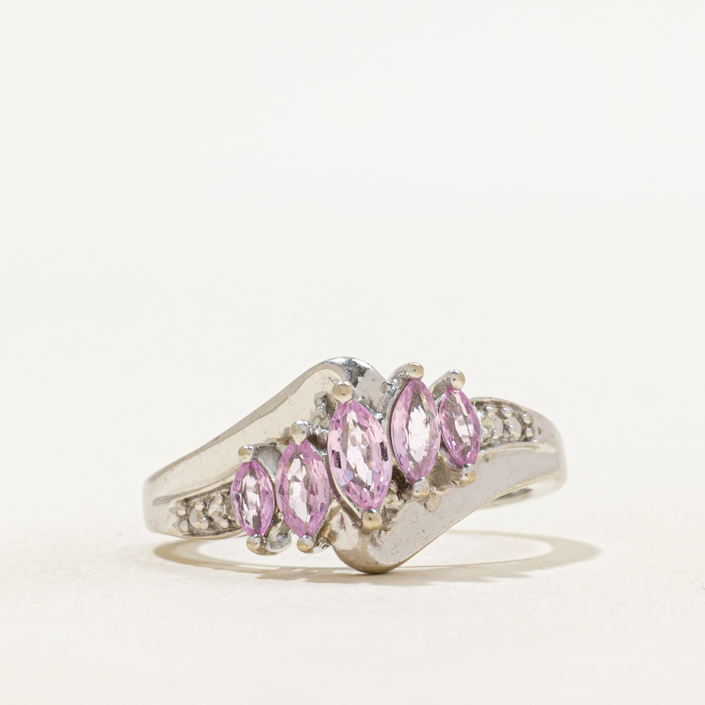 Diagonal Synthetic Pink Sapphire & Natural Diamond Ring | 0.64ctw, 0.02ctw | SZ 7