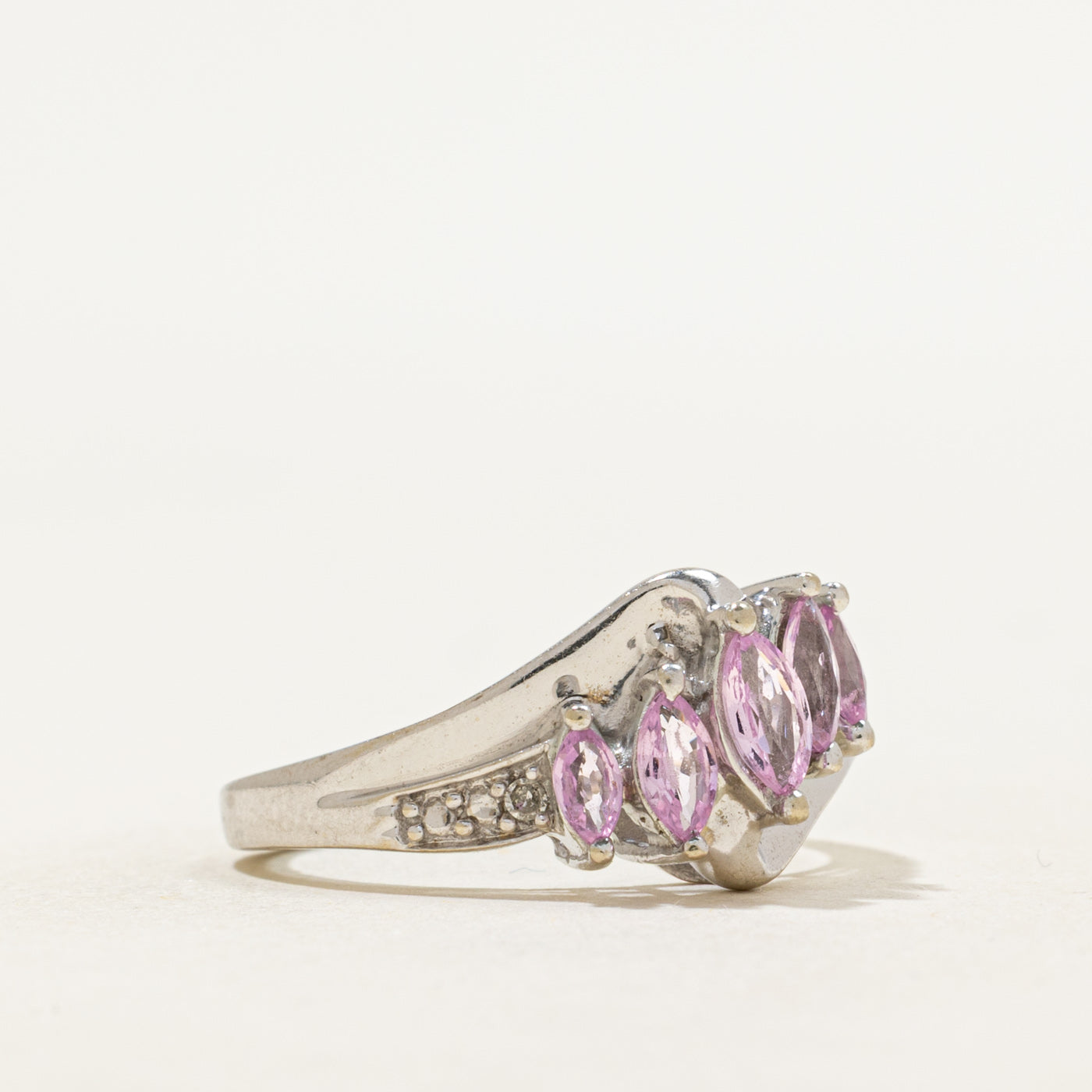 Diagonal Synthetic Pink Sapphire & Natural Diamond Ring | 0.64ctw, 0.02ctw | SZ 7