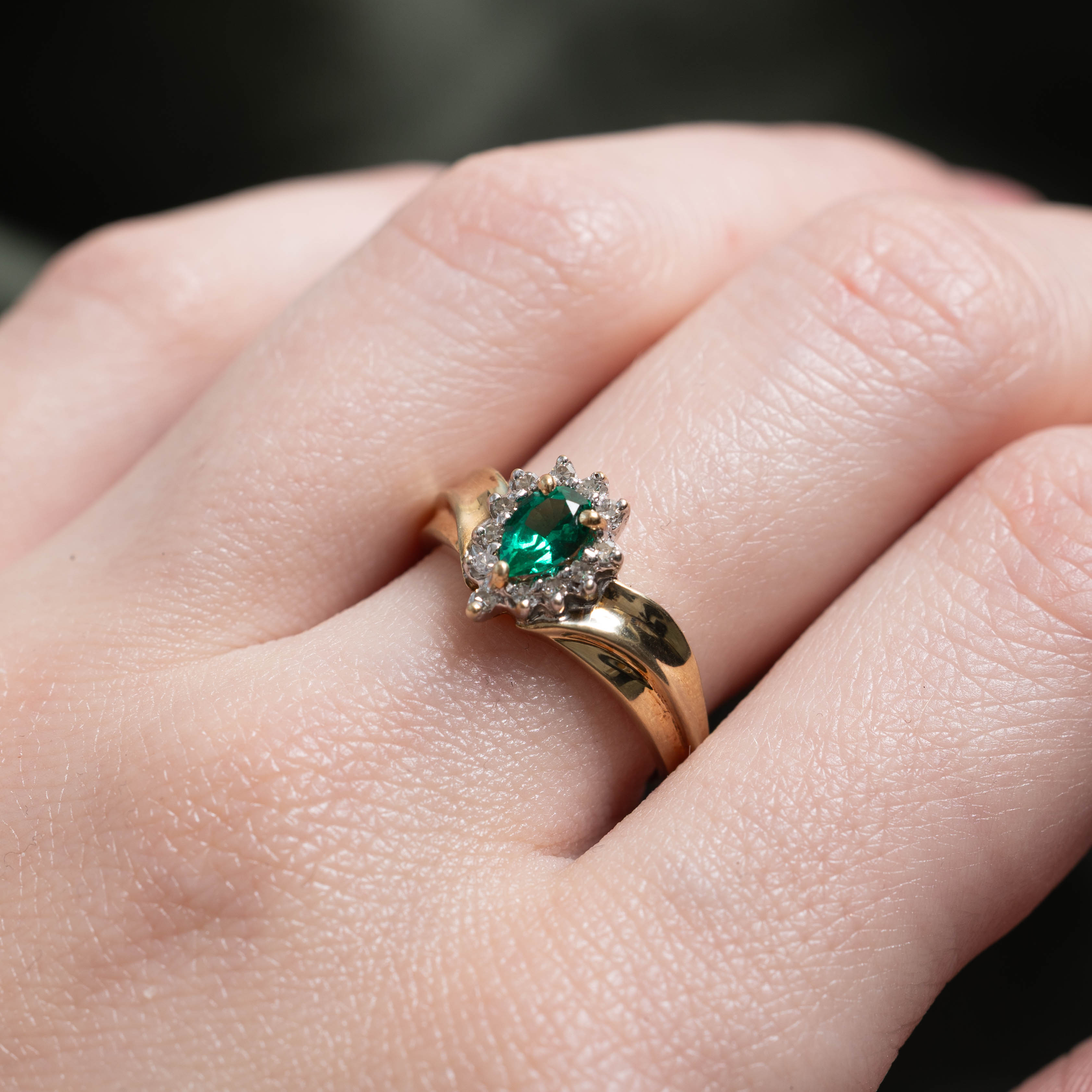 10k Synthetic Emerald & Diamond Halo Grooved Ring | 0.30ct, 0.12ctw | SZ 6.5