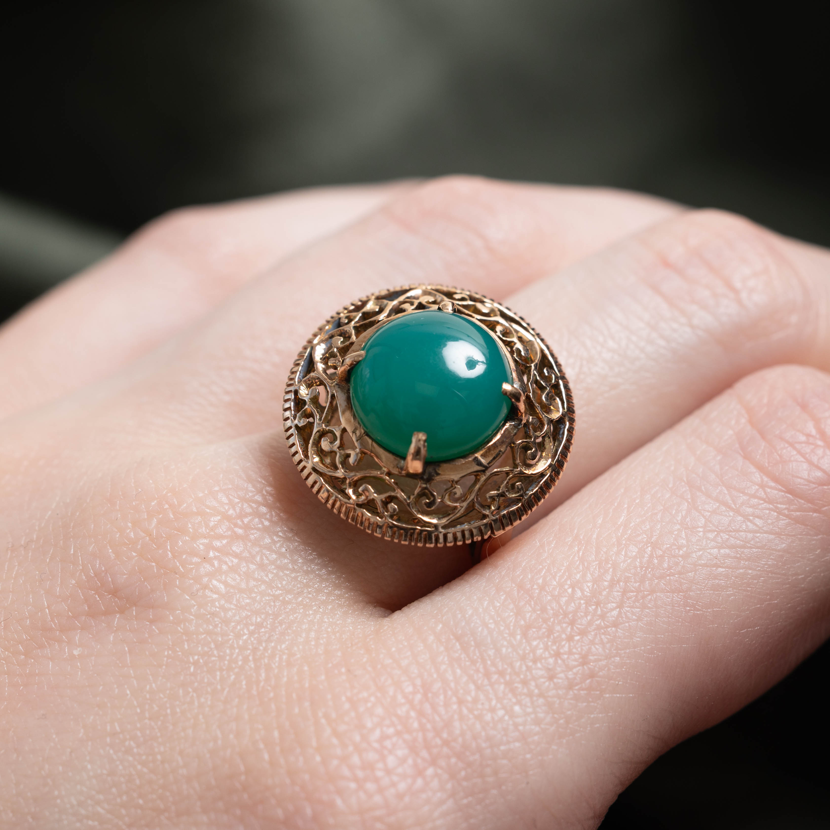14k Green Onyx Scrollwork Milgrained Ring | 5.50ct | SZ 6.5