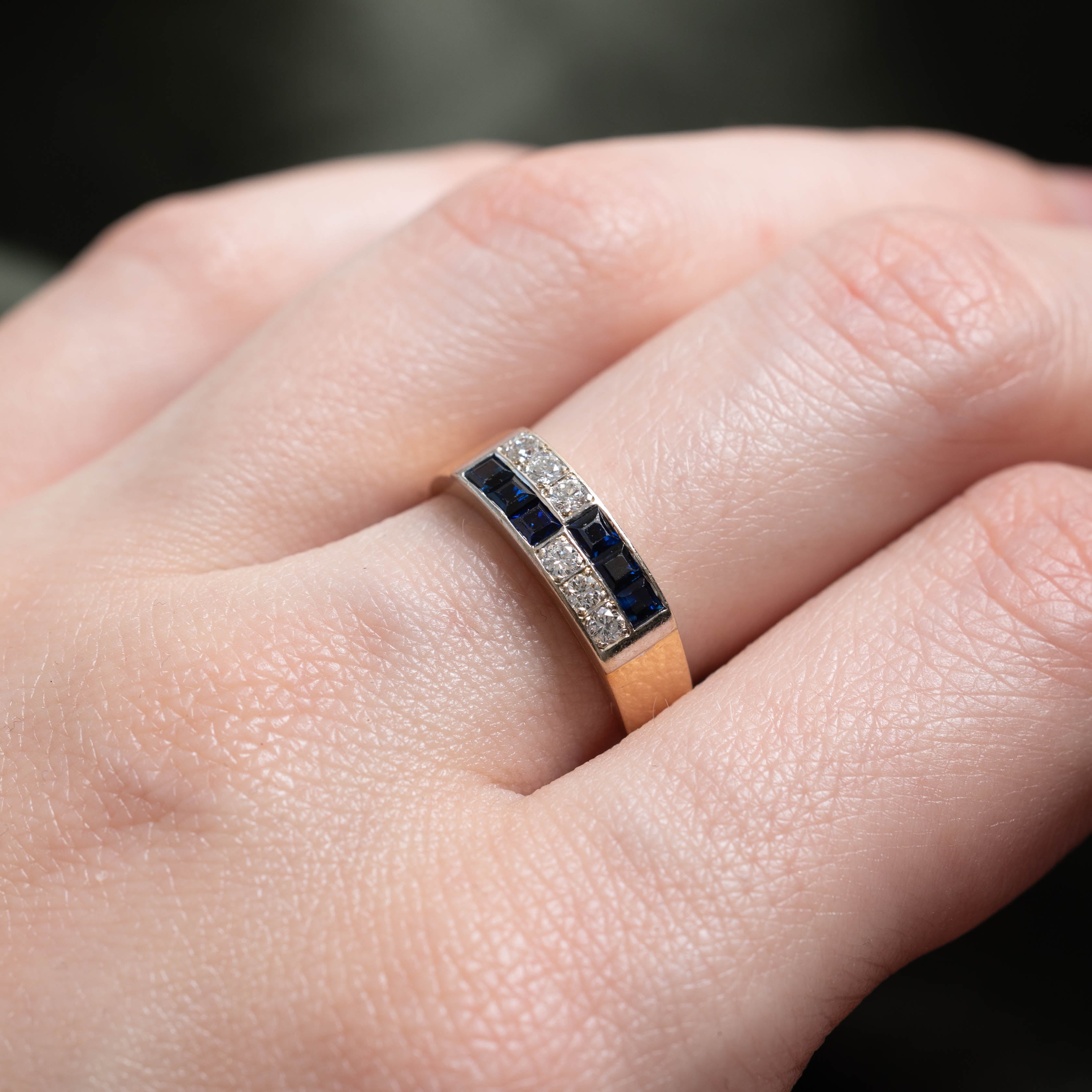 14k Sapphire & Diamond Rectangular Grid Ring | 0.33ctw, 0.18ctw | SZ 6.5