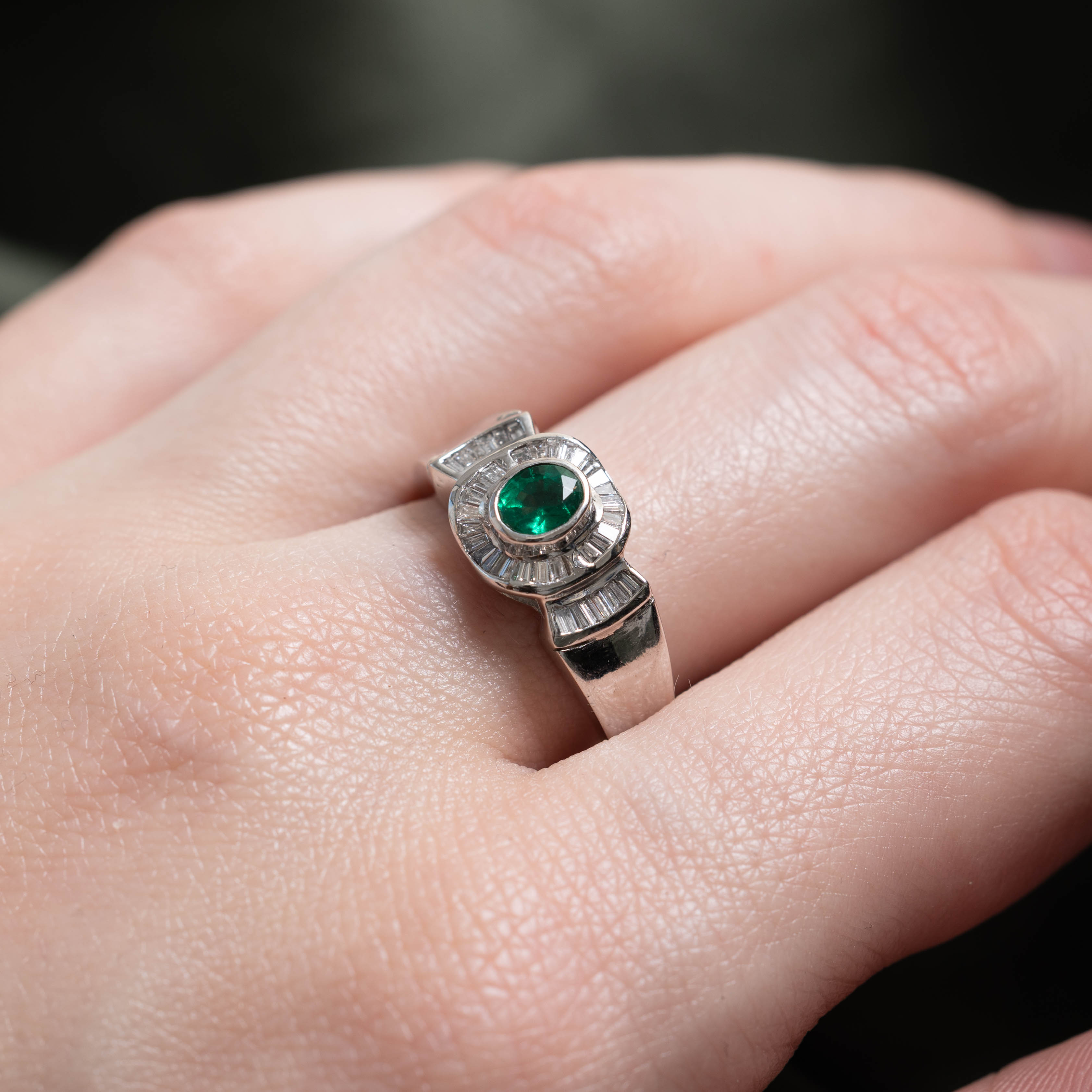 18k Emerald & Diamond Halo Reverse Tapered Ring | 0.28ctw, 0.35ct | SZ 7