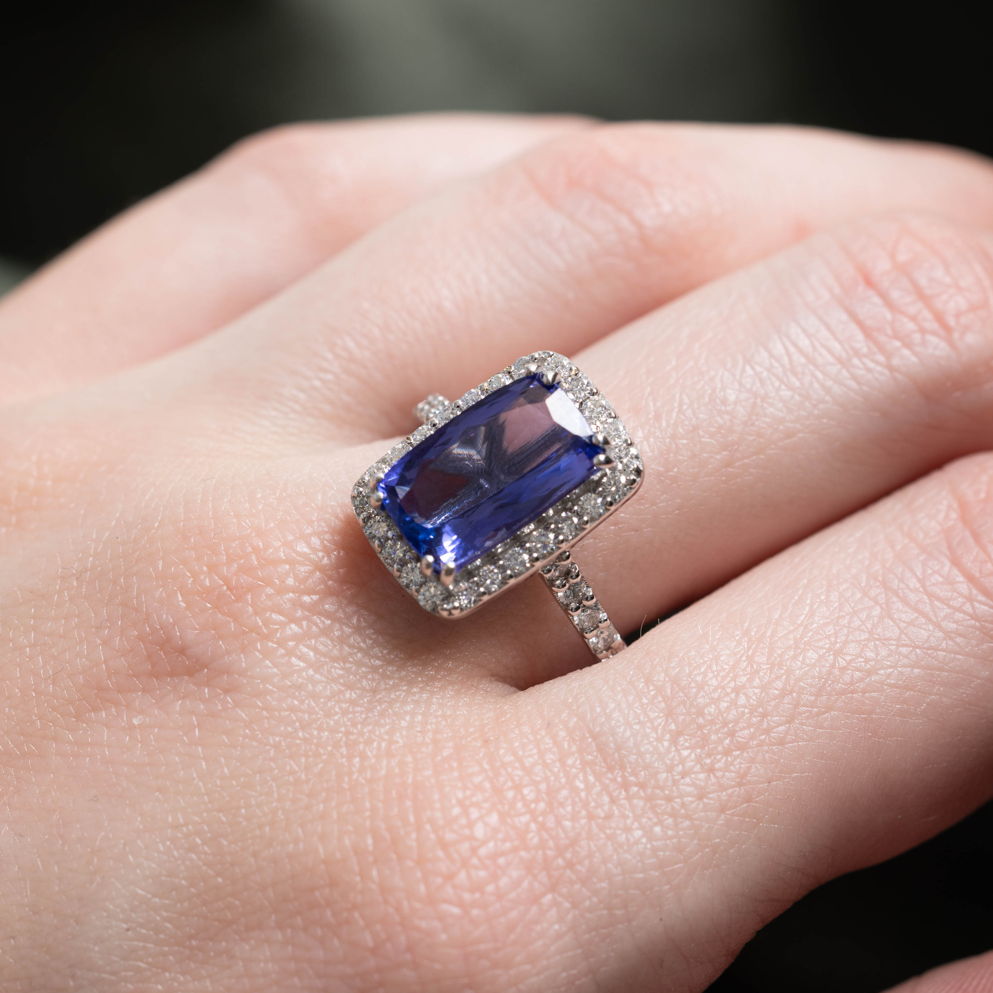 18k Cushion Cut Tanzanite & Diamond Halo Ring | 0.68ctw, 5.00ct | SZ 8.5