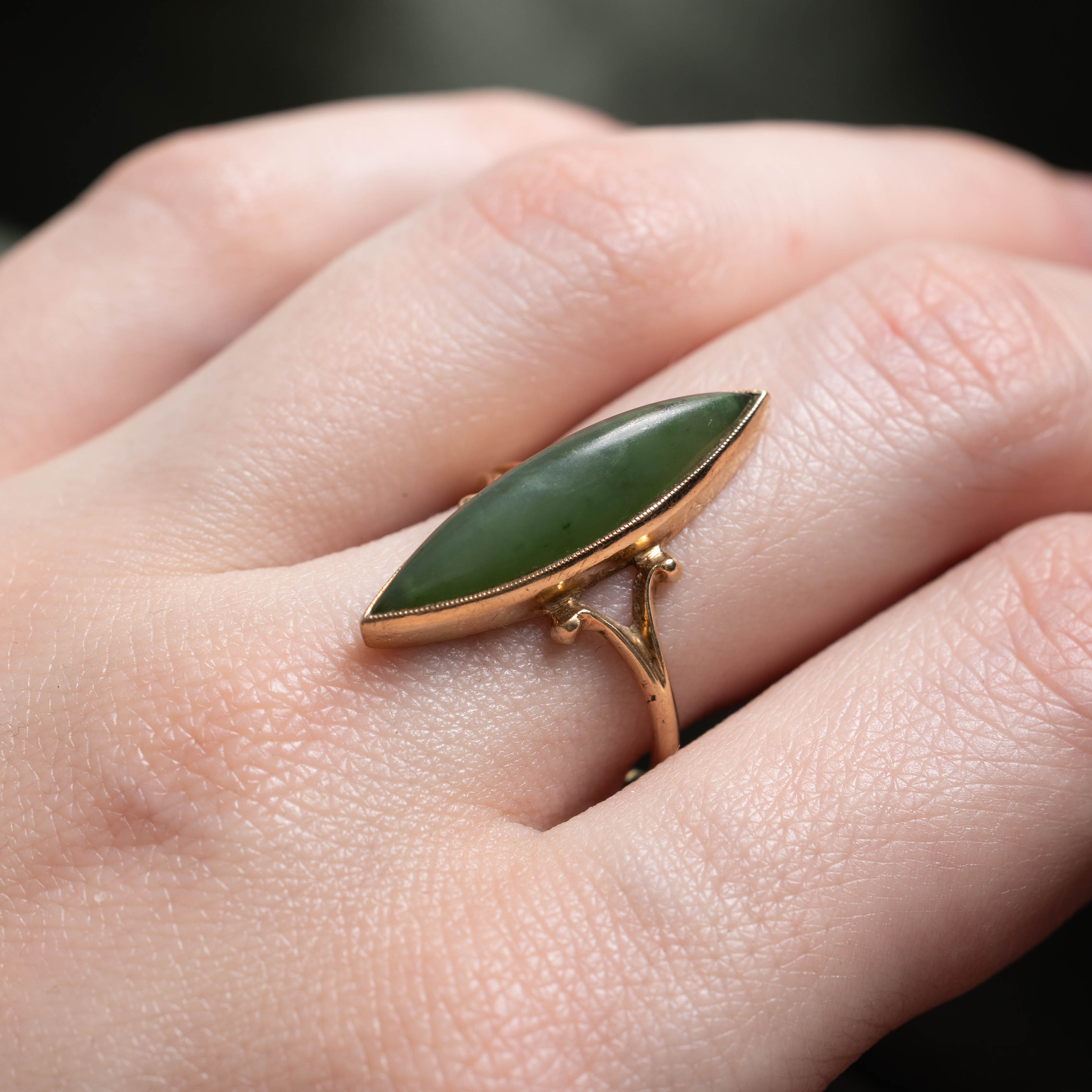10k Nephrite Jade Split Navette Ring | 5.40ct | SZ 7.5