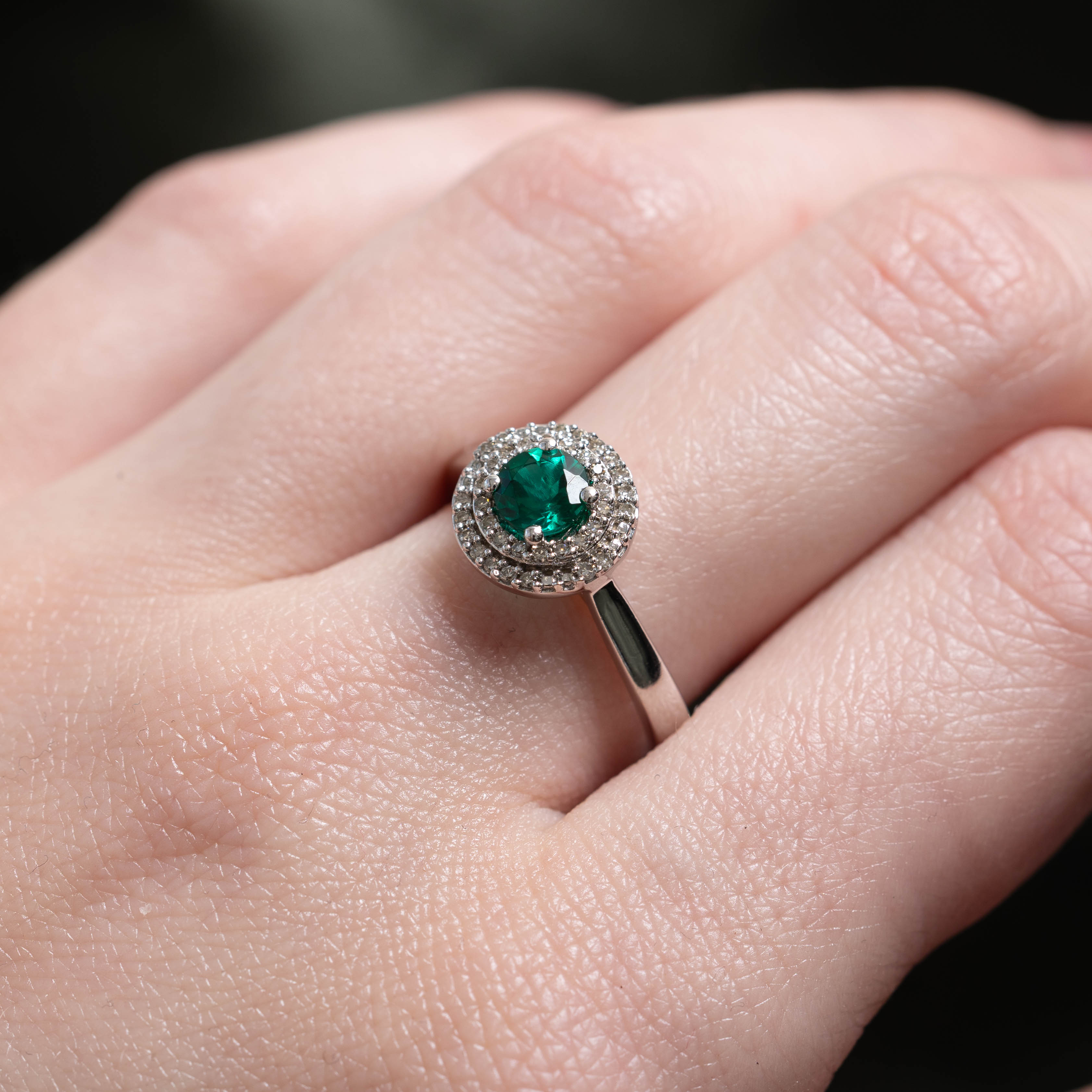 10k Synthetic Emerald & Diamond Halo Ring | 0.40ct, 0.12ctw | SZ 7.25