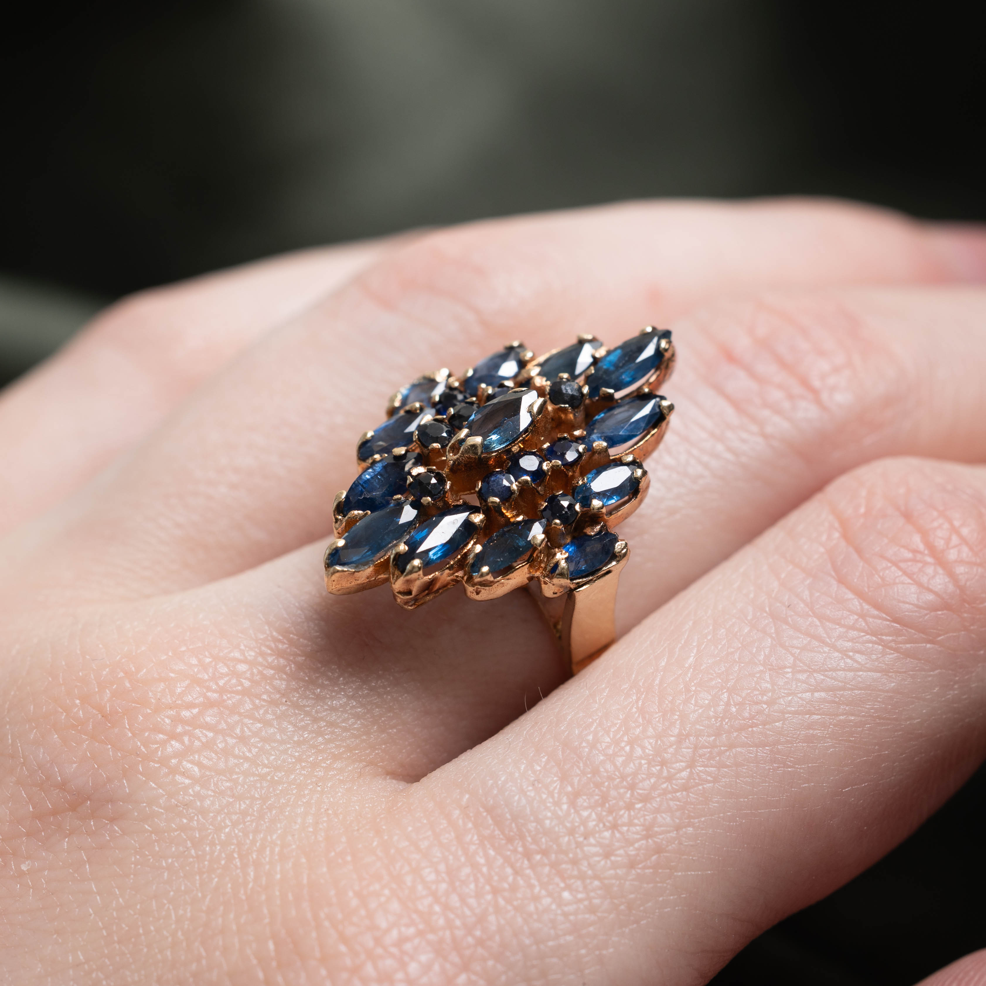 10k Scattered Sapphire Navette Ring | 2.30ctw | SZ 6.5
