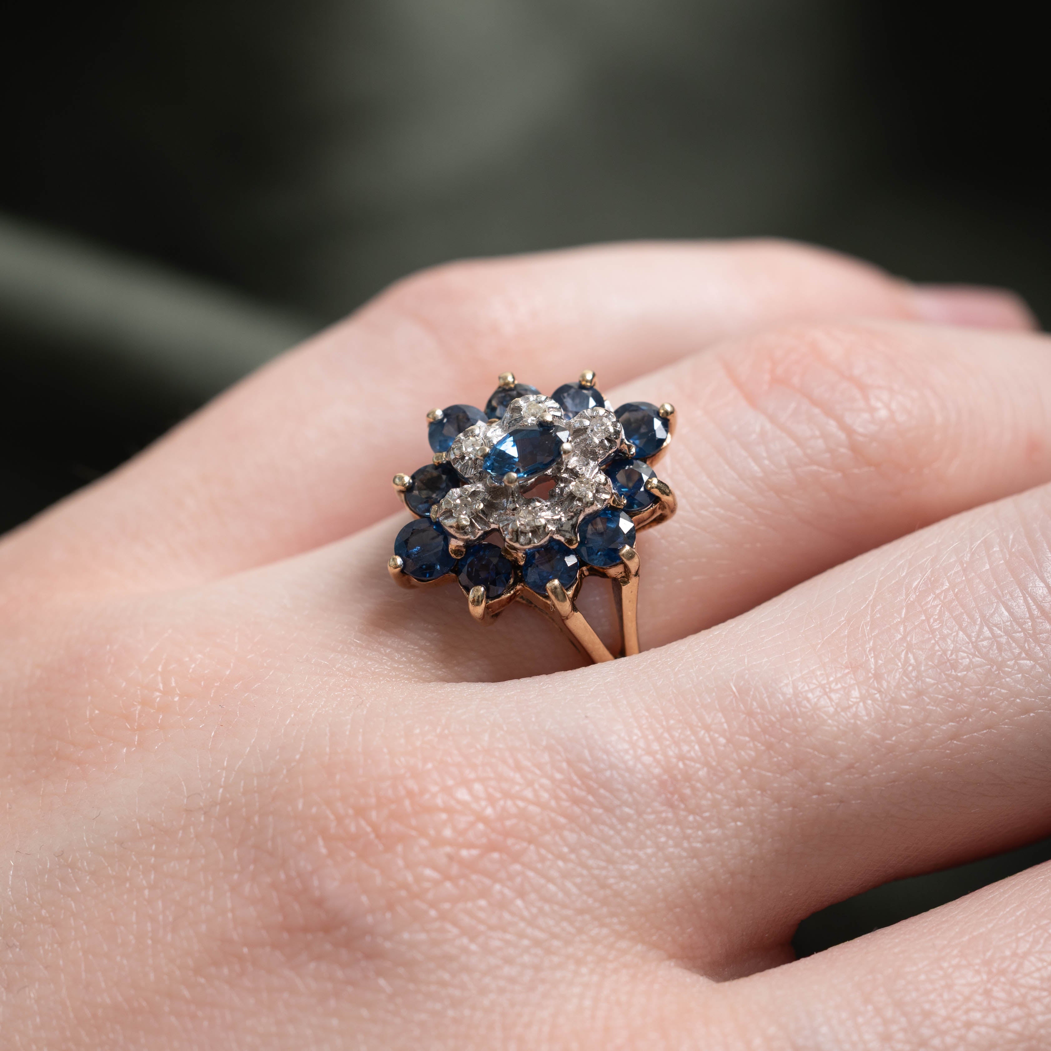 10k Sapphire & Diamond Cluster Navette Ring | 2.20ctw, 0.05ctw | SZ 5.75