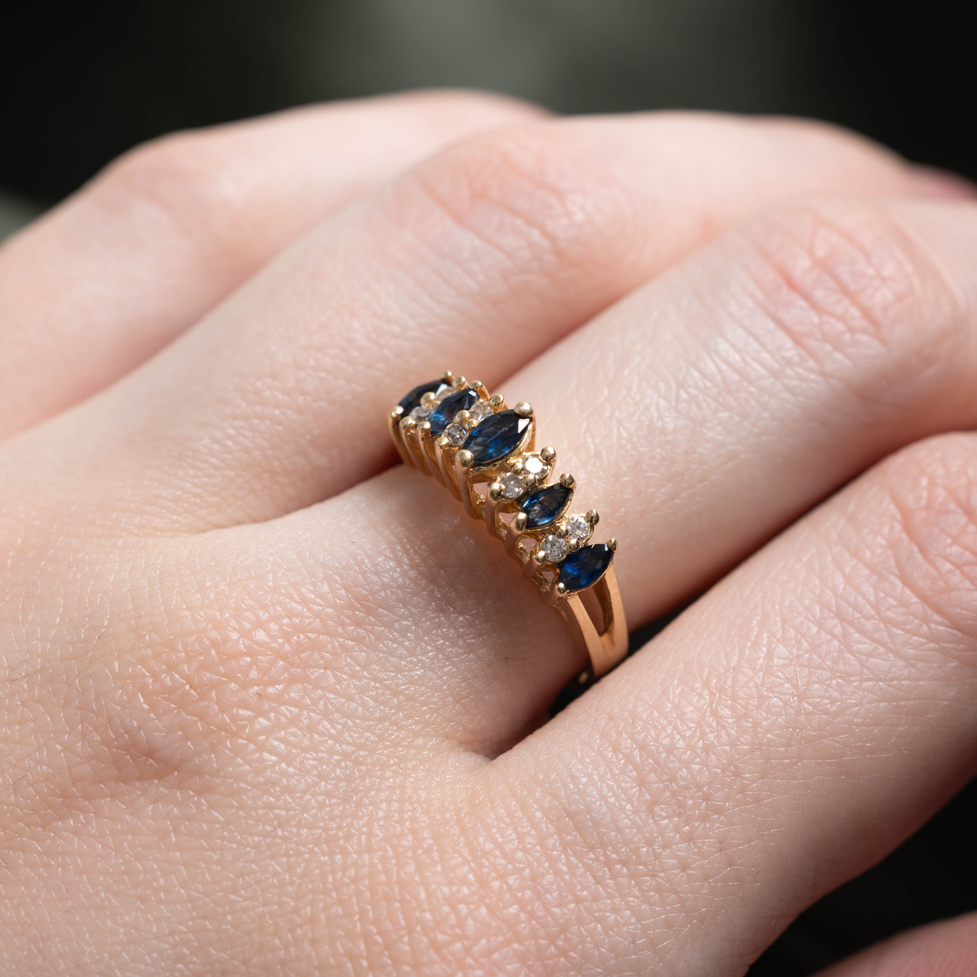 14k Marquise Cut Sapphire & Diamond Multi Row Ring | 0.40ctw, 0.08ctw | SZ 6.5