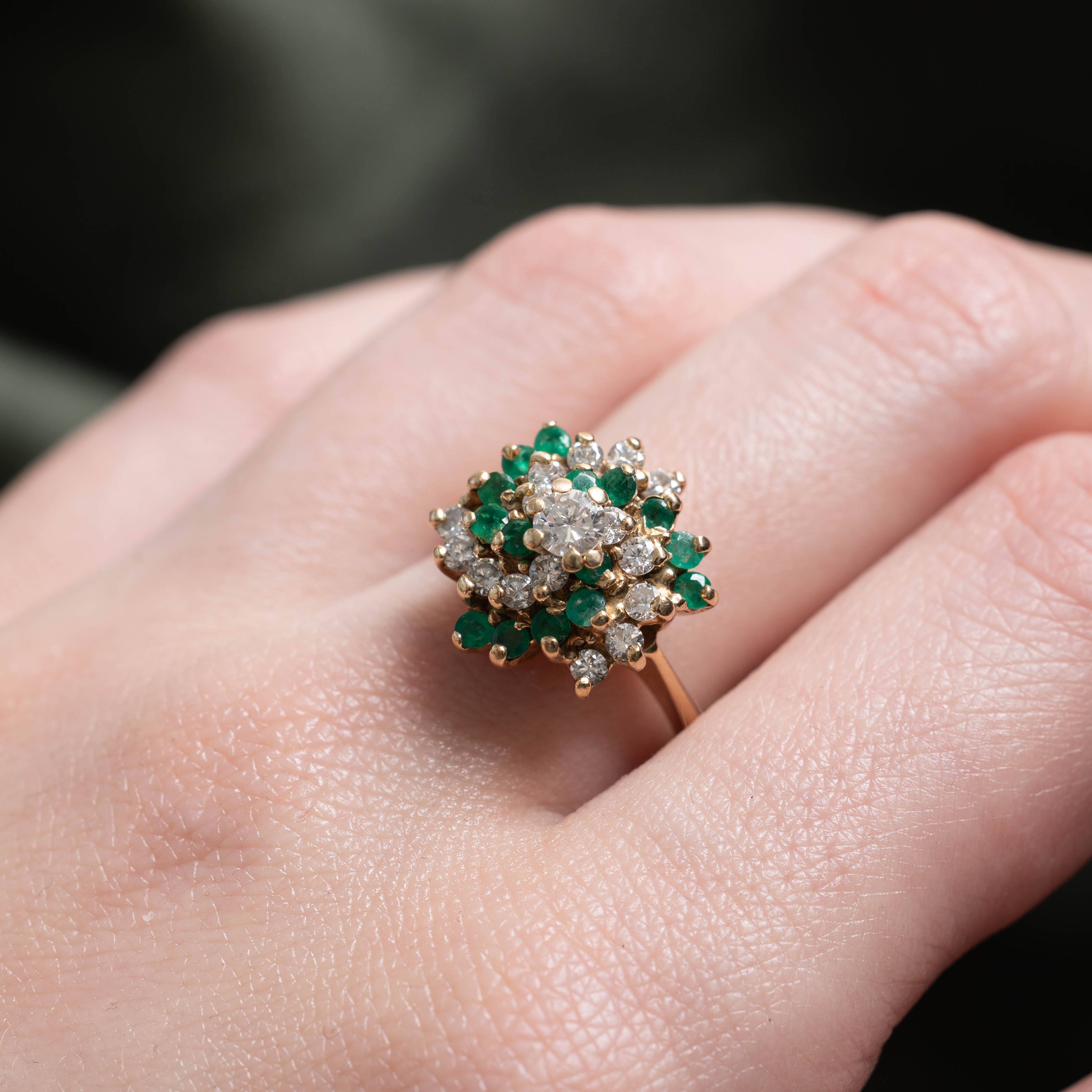 14k Emerald & Diamond Swirl Cluster Cocktail Ring | 0.62ctw, 0.40ctw | SZ 6.5
