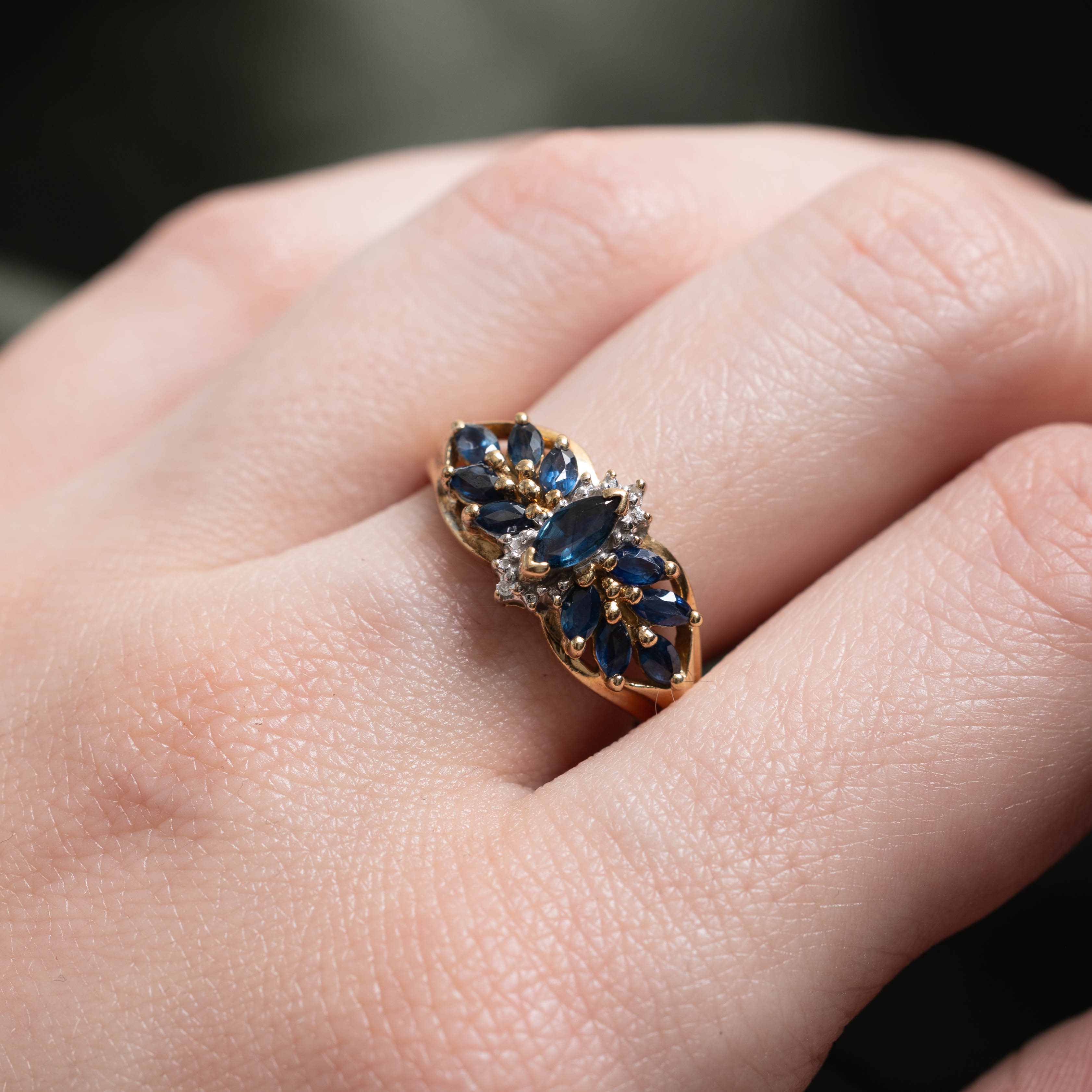 10k Marquise Cut Sapphire & Diamond Cluster Ring | 0.90ctw, 0.01ctw | SZ 7.75