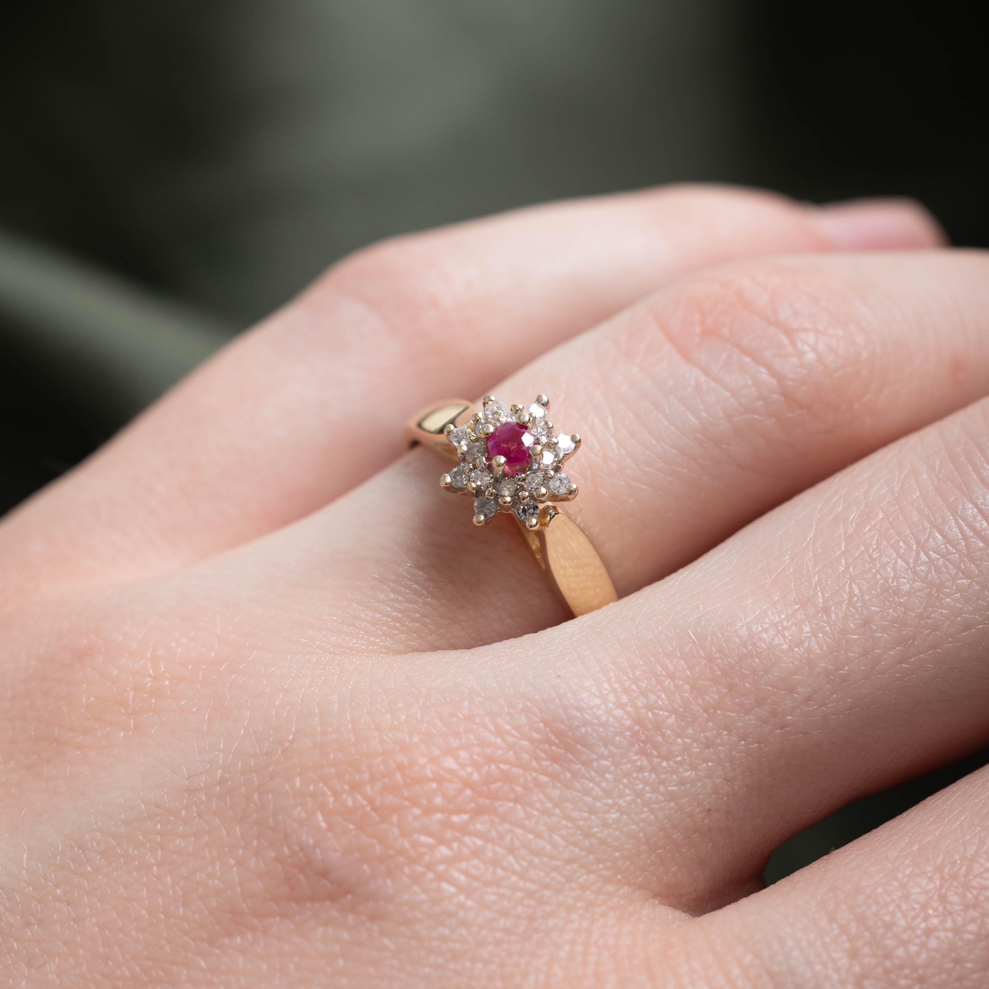 10k Ruby & Diamond Petal Cluster Ring | 0.09ct, 0.12ctw | SZ 6