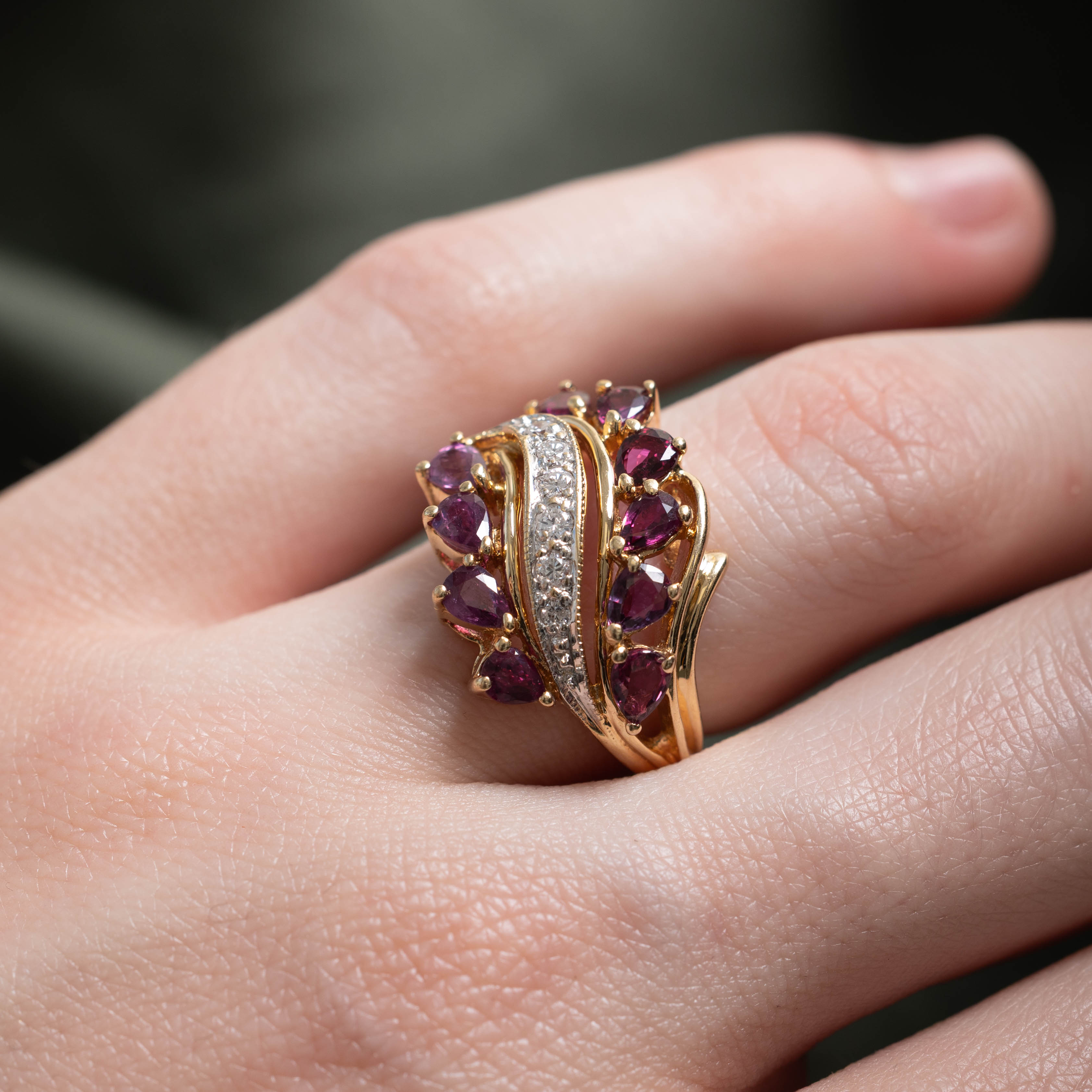 14k Pear Cut Ruby & Diamond Wave Cocktail Ring | 1.60ctw, 0.12ctw | SZ 4.25