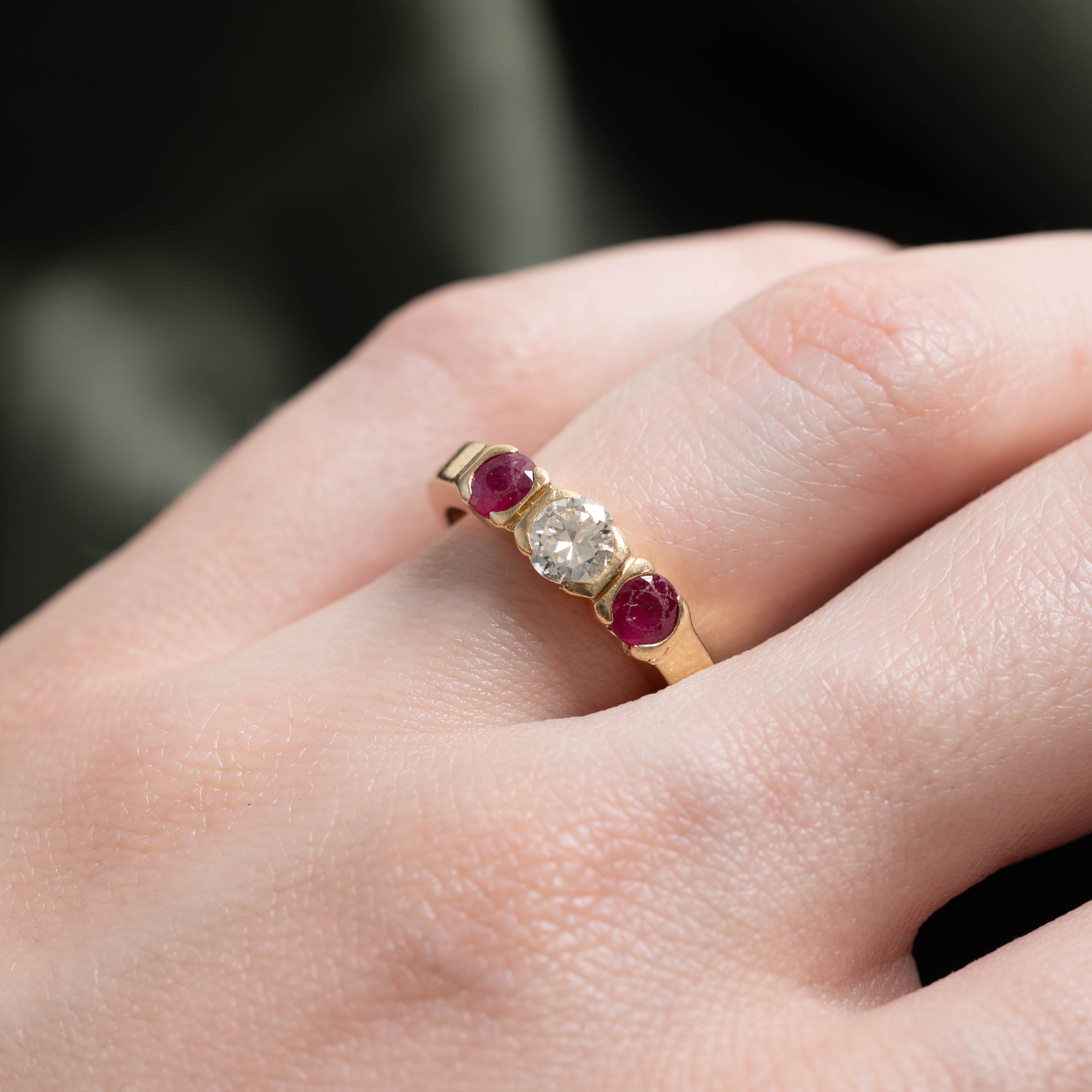 14k Three Stone Ruby & Diamond Ring | 0.56ctw, 0.43ct I1 J | SZ 5.5