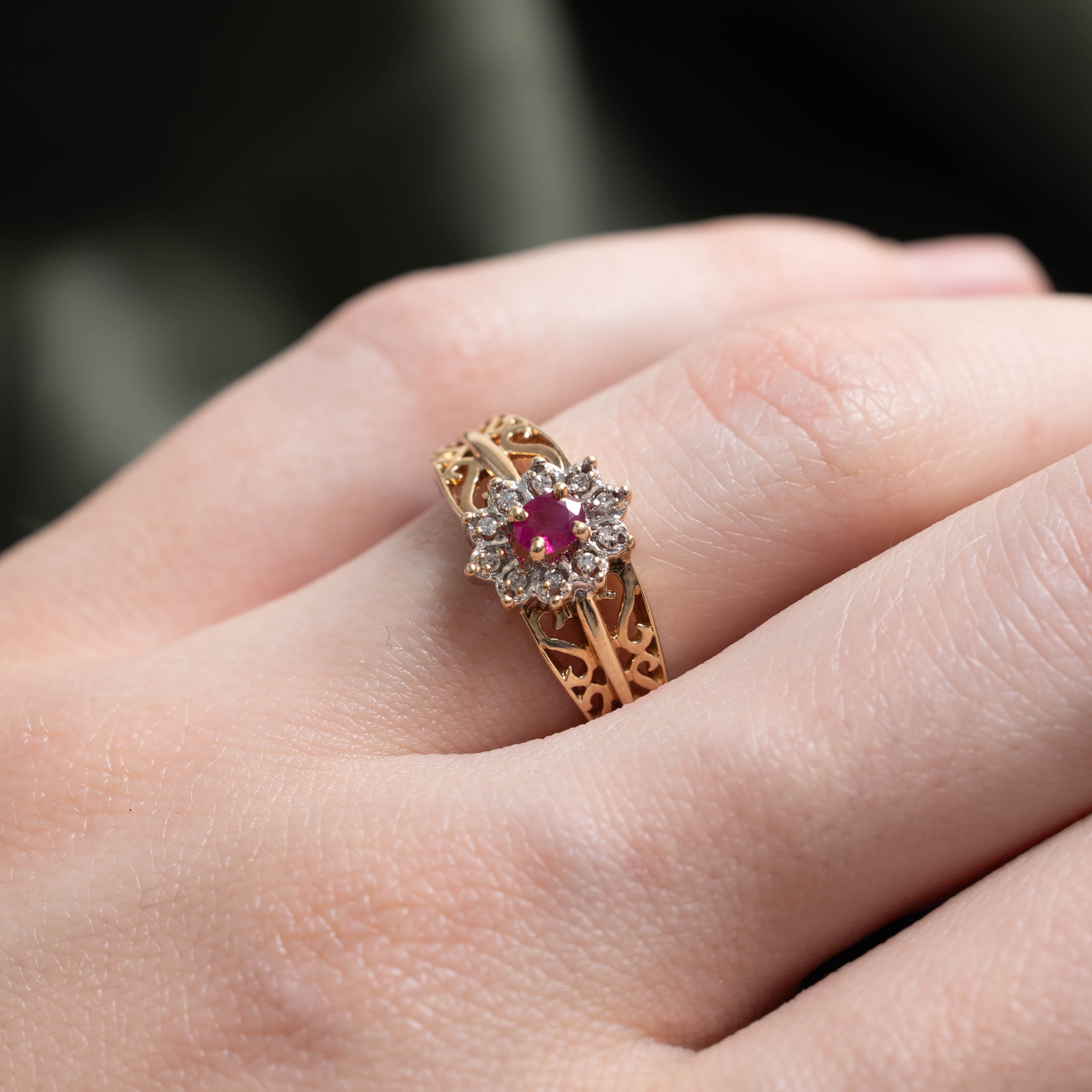 10k Ruby & Diamond Petal Halo Openwork Ring | 0.18ct, 0.05ctw | SZ 6.25