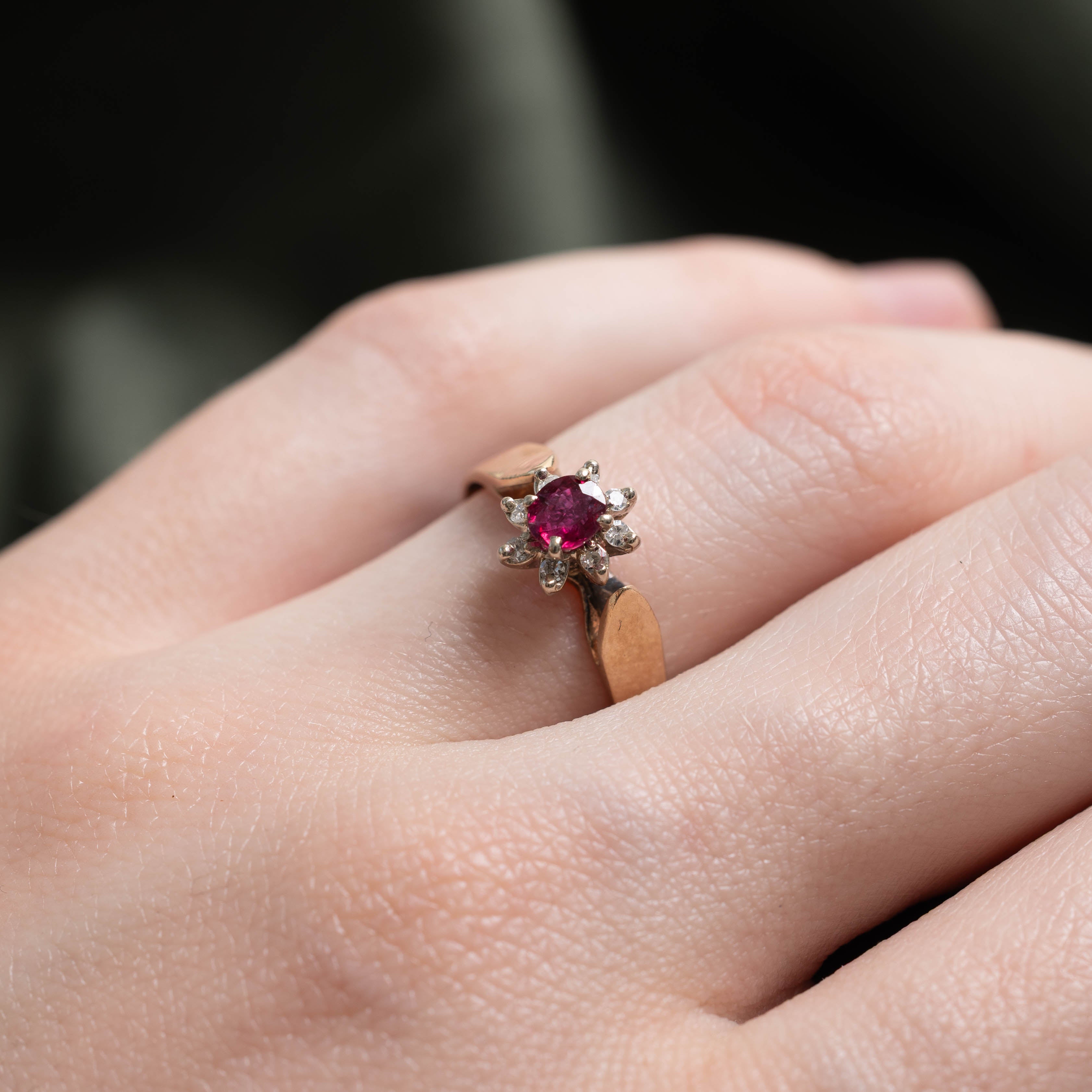 10k Ruby & Diamond Petal Halo Ring | 0.30ct, 0.08ctw | SZ 6.25