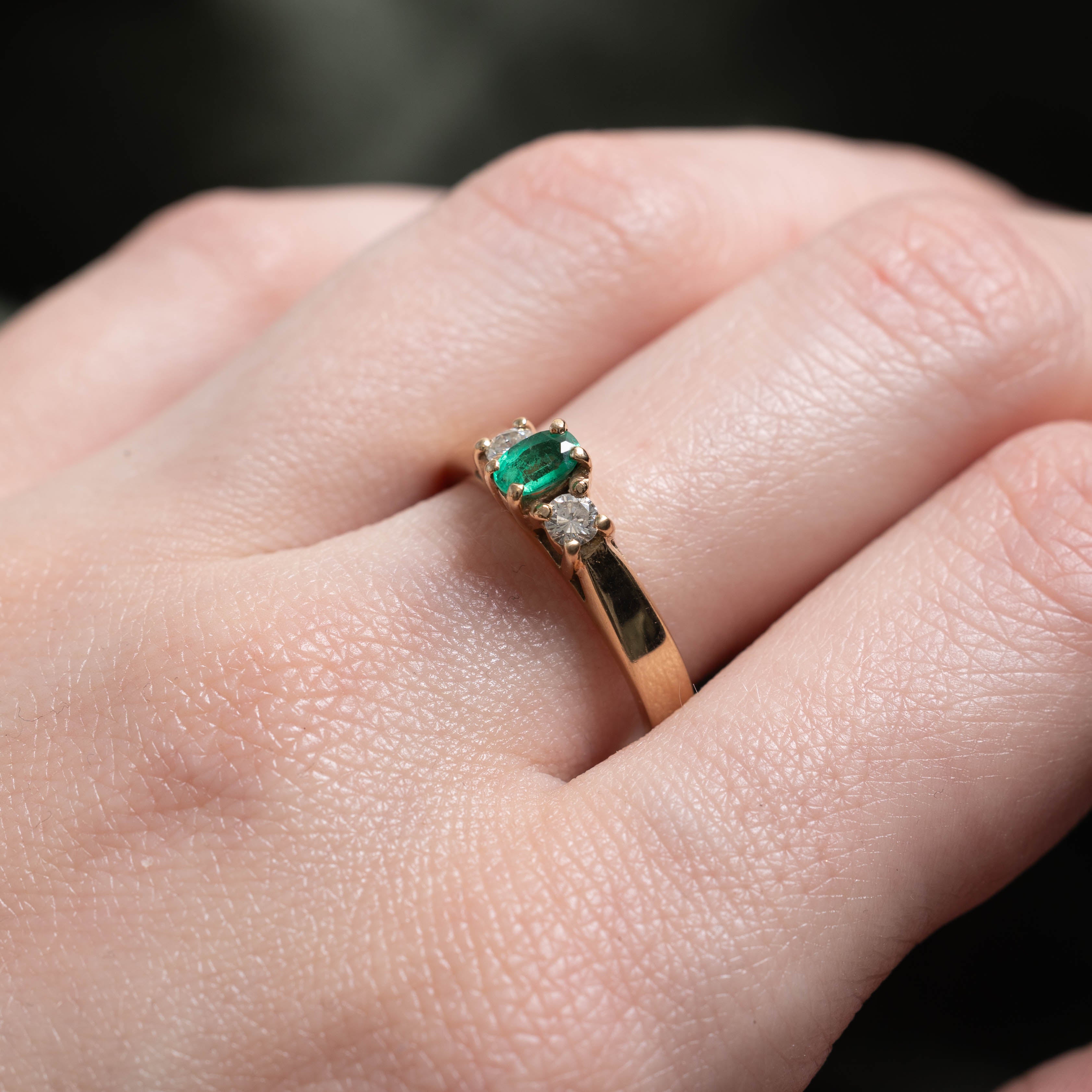 14k Three Stone Emerald & Diamond Ring | 0.20ct, 0.18ctw | SZ 7.5