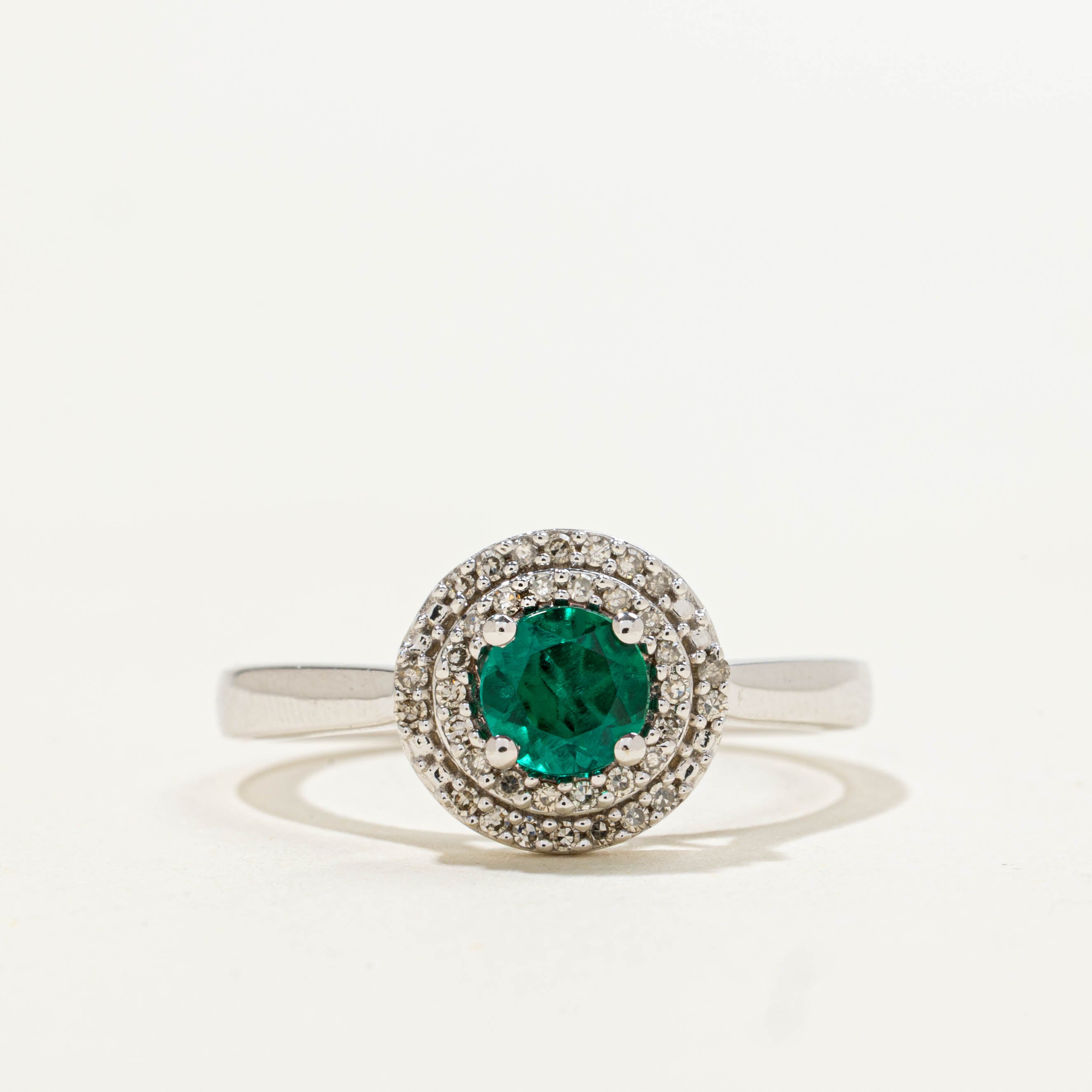 10k Synthetic Emerald & Diamond Halo Ring | 0.40ct, 0.12ctw | SZ 7.25