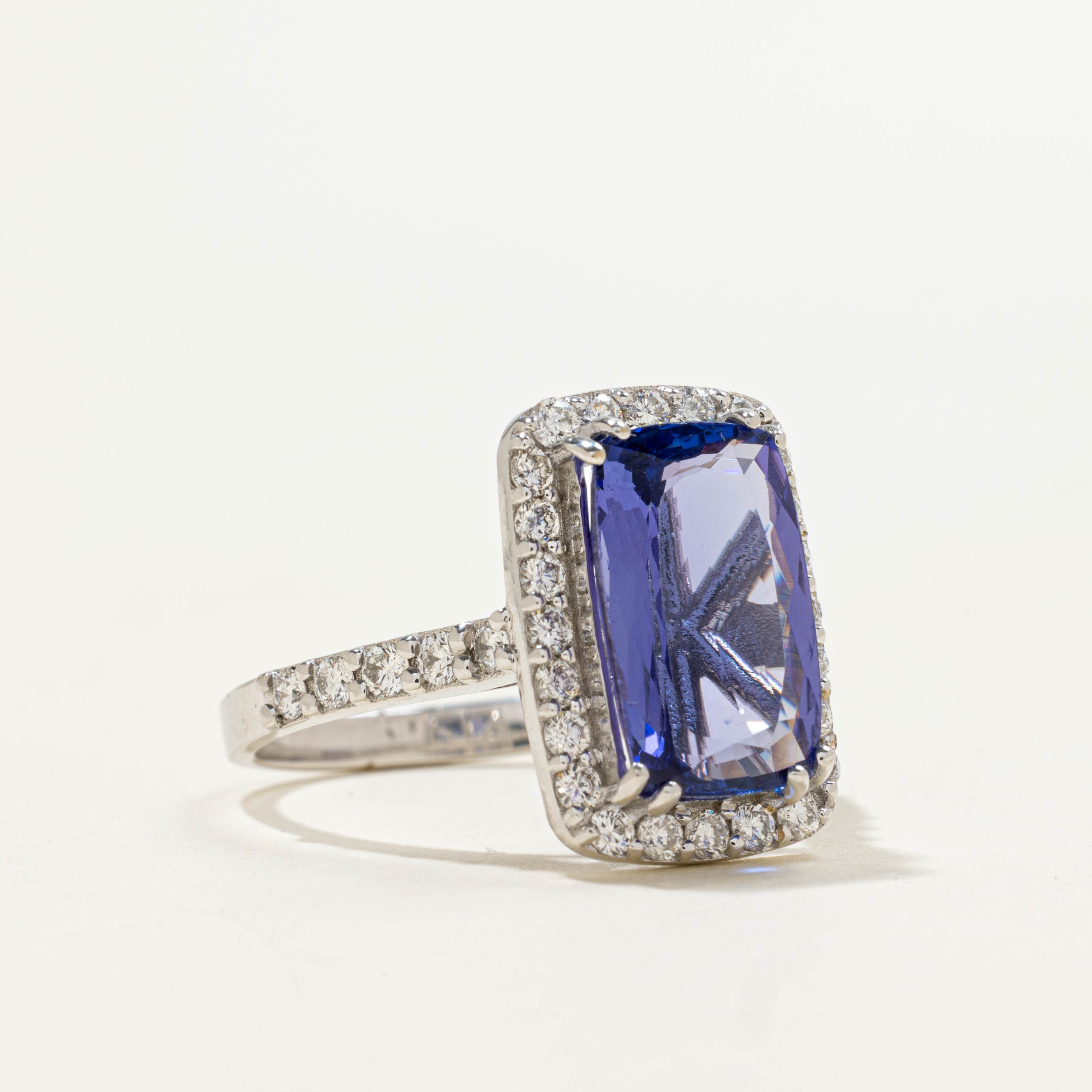 18k Cushion Cut Tanzanite & Diamond Halo Ring | 0.68ctw, 5.00ct | SZ 8.5