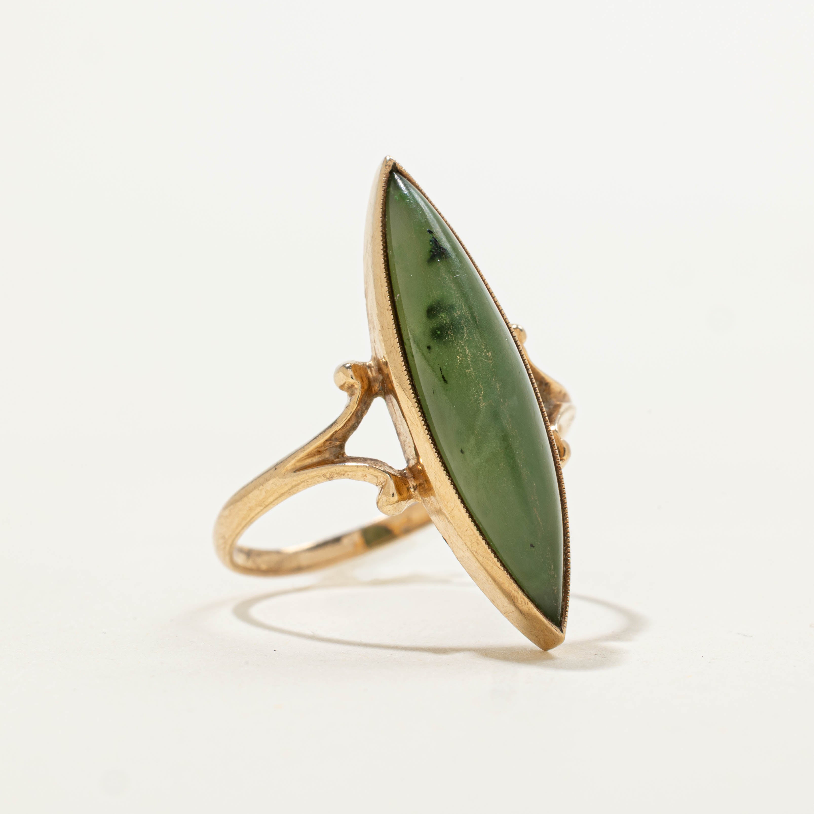 10k Nephrite Jade Split Navette Ring | 5.40ct | SZ 7.5