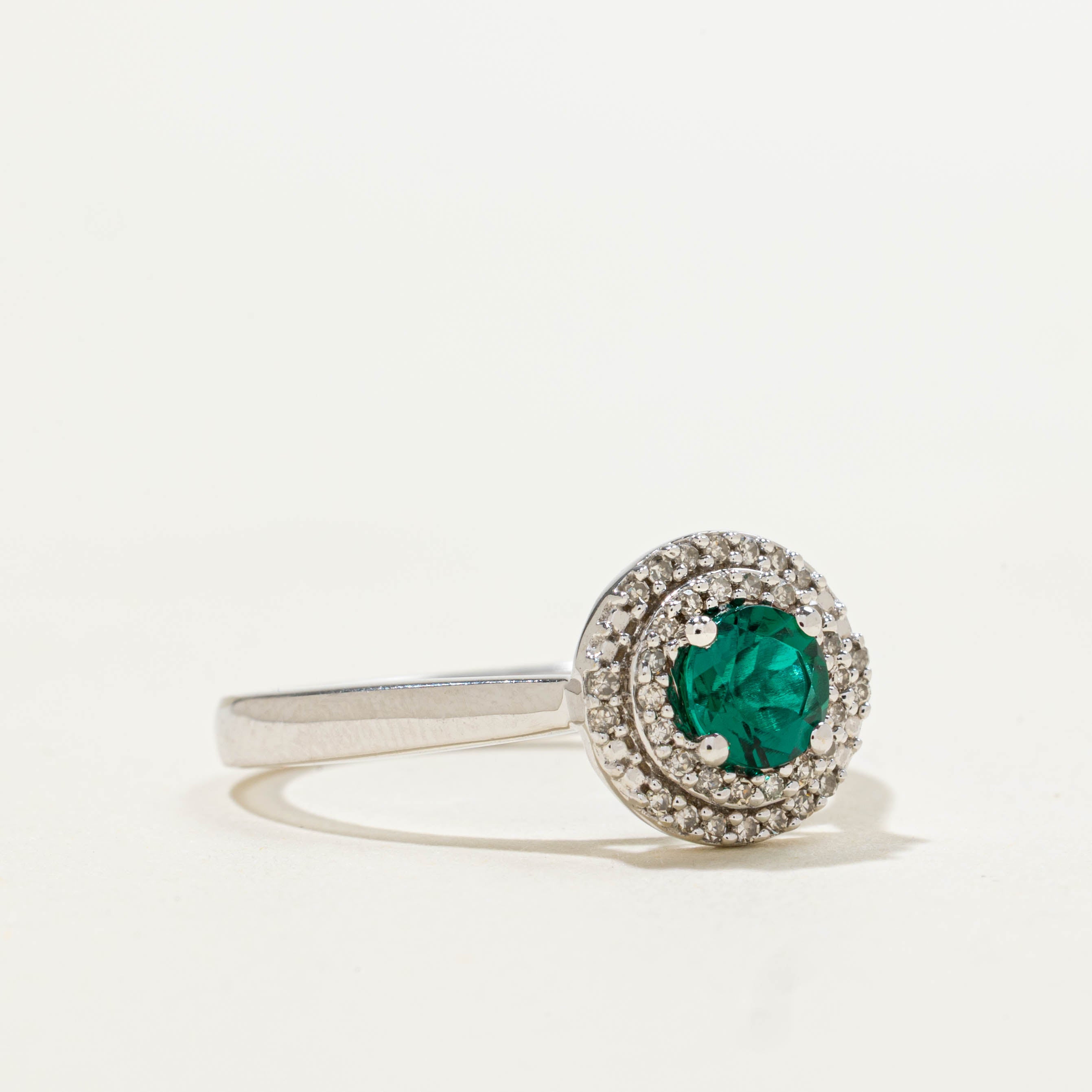 10k Synthetic Emerald & Diamond Halo Ring | 0.40ct, 0.12ctw | SZ 7.25