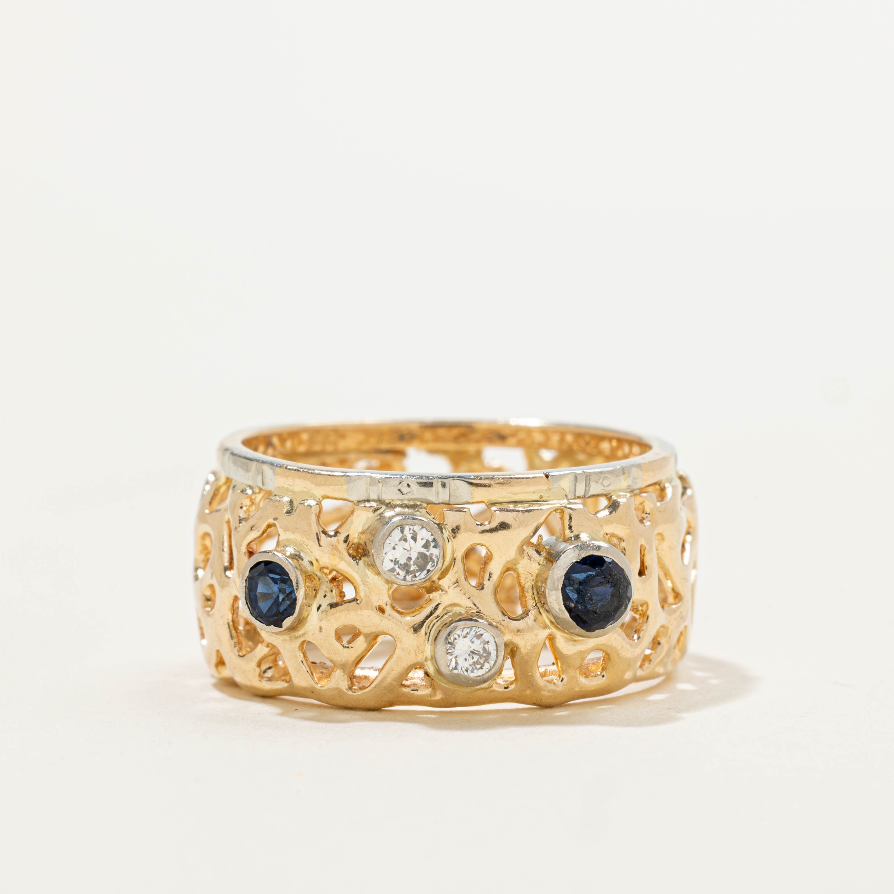 14k Scattered Sapphire & Diamond Openwork Cigar Band | 0.35ctw, 0.10ctw | 10.00mm | SZ 7.25