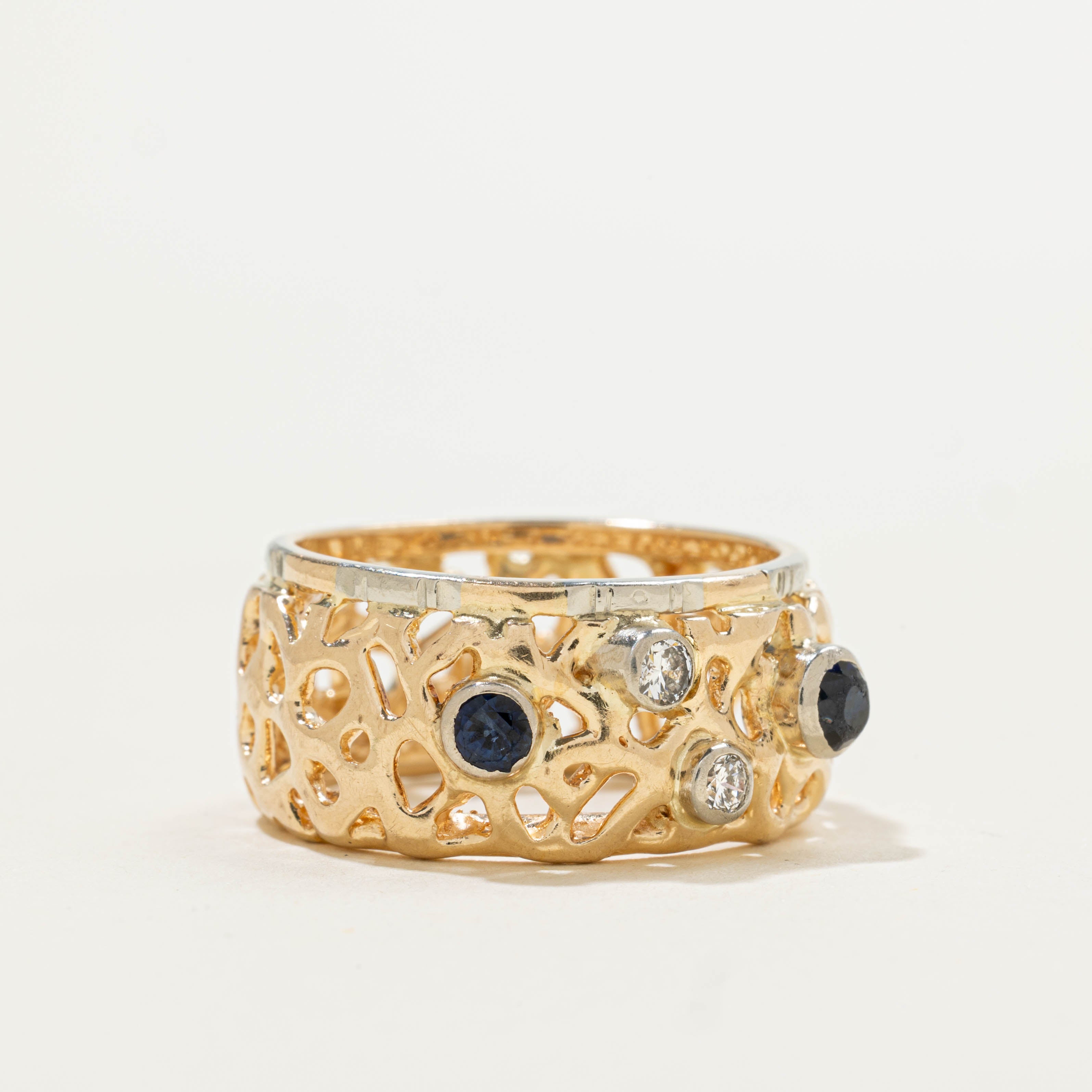 14k Scattered Sapphire & Diamond Openwork Cigar Band | 0.35ctw, 0.10ctw | 10.00mm | SZ 7.25