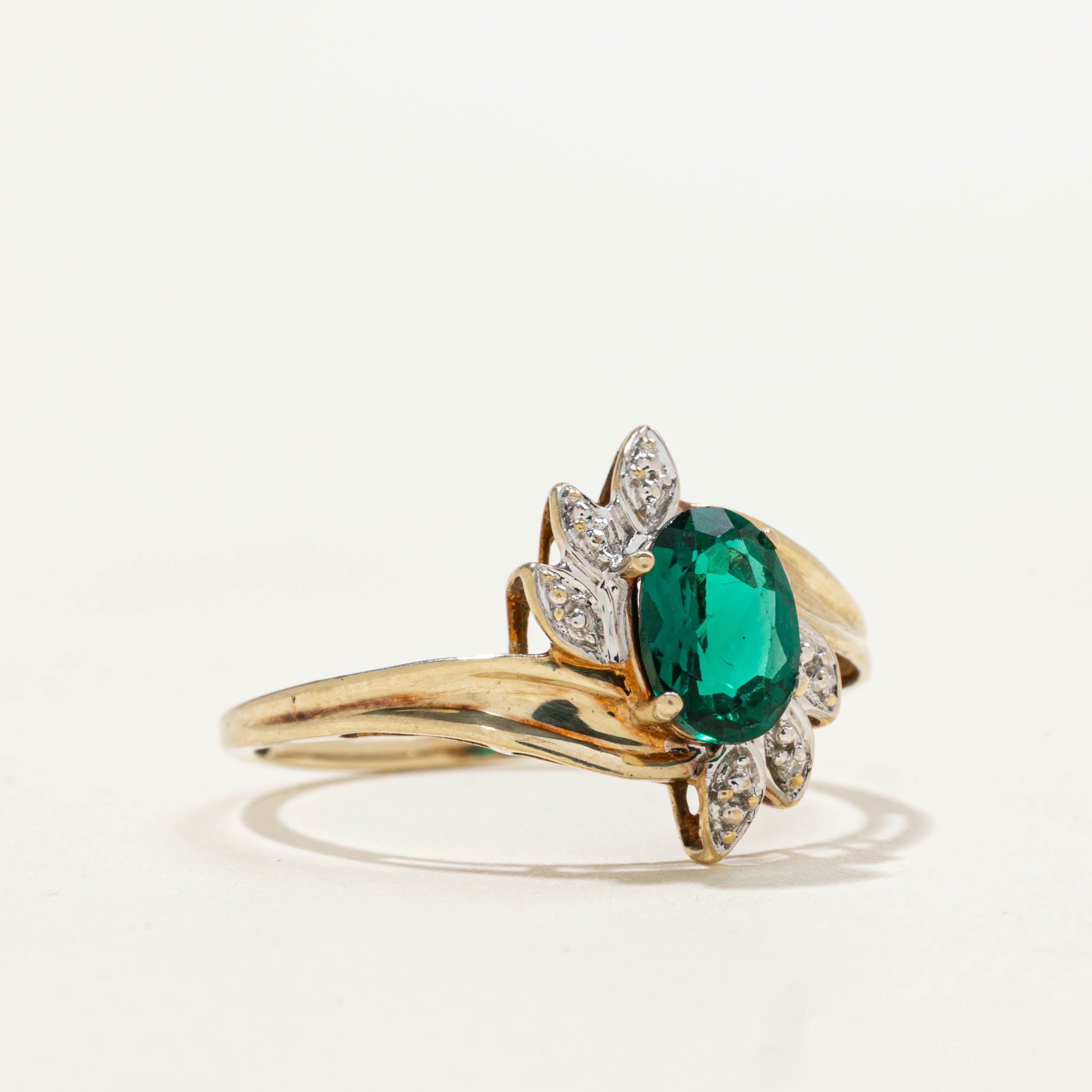 10k Synthetic Emerald & Diamond Bypass Ring | 0.65ct, 0.01ctw | SZ 7