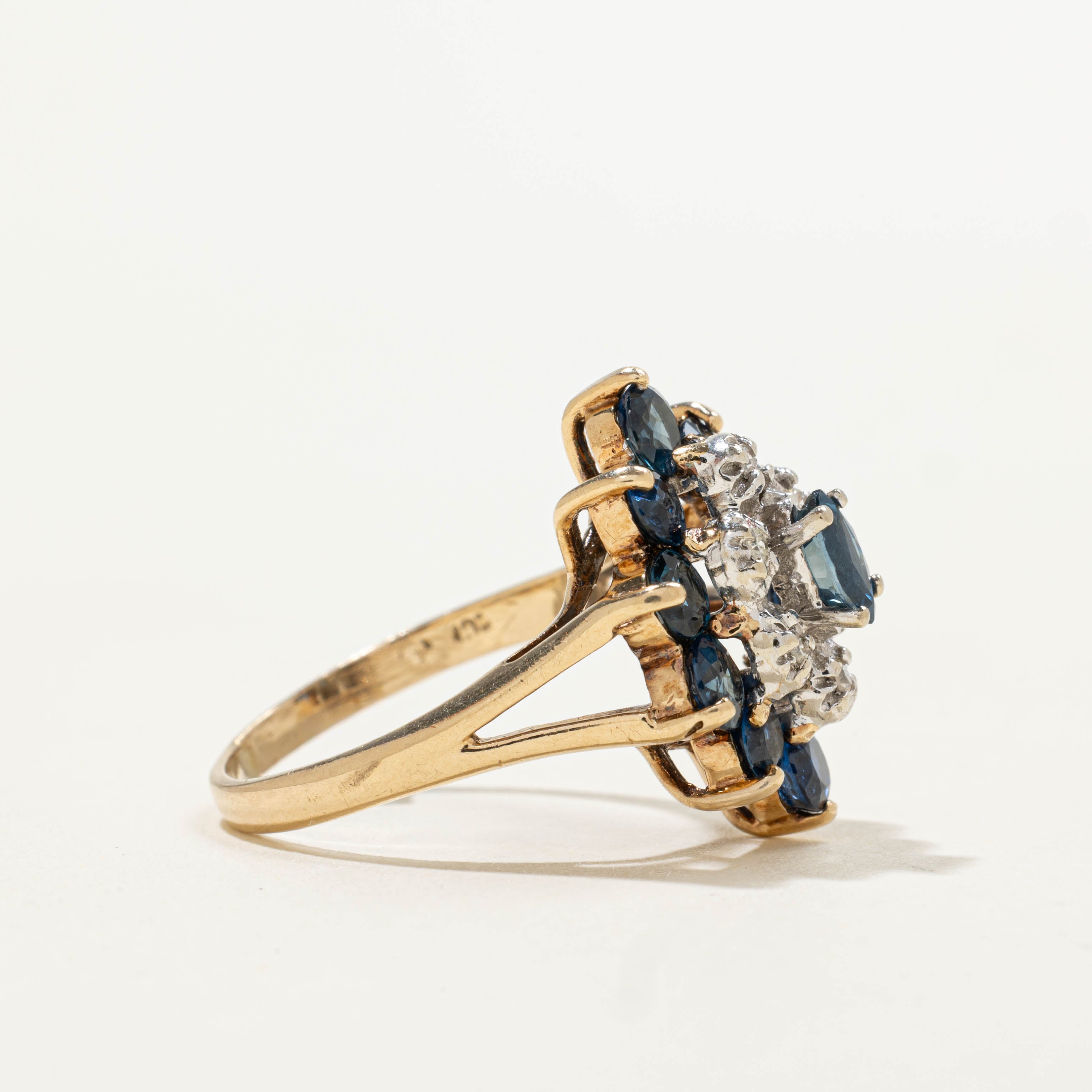 10k Sapphire & Diamond Cluster Navette Ring | 2.20ctw, 0.05ctw | SZ 5.75