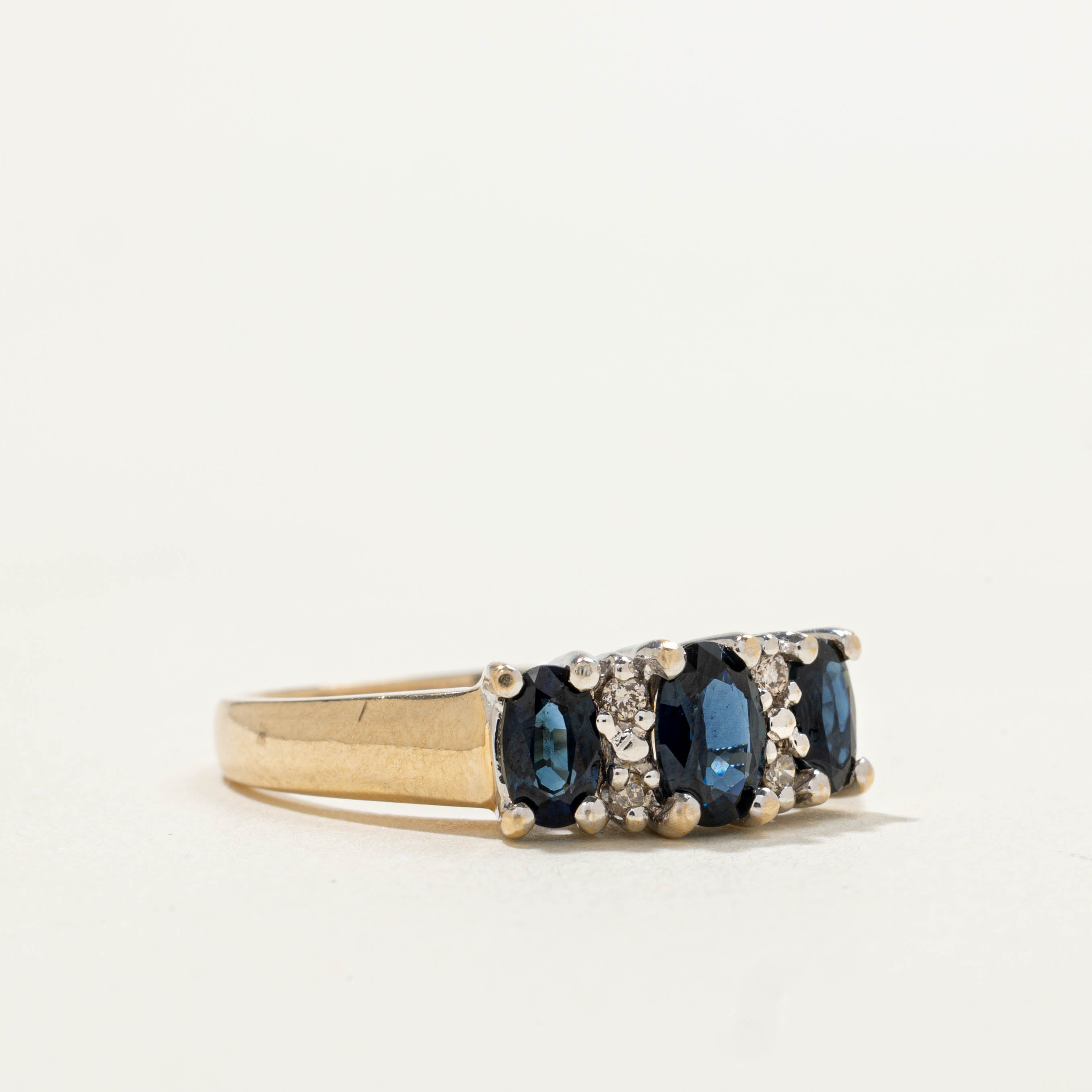 10k Three Stone Sapphire & Diamond Ring | 1.00ctw, 0.08ctw | SZ 6.75