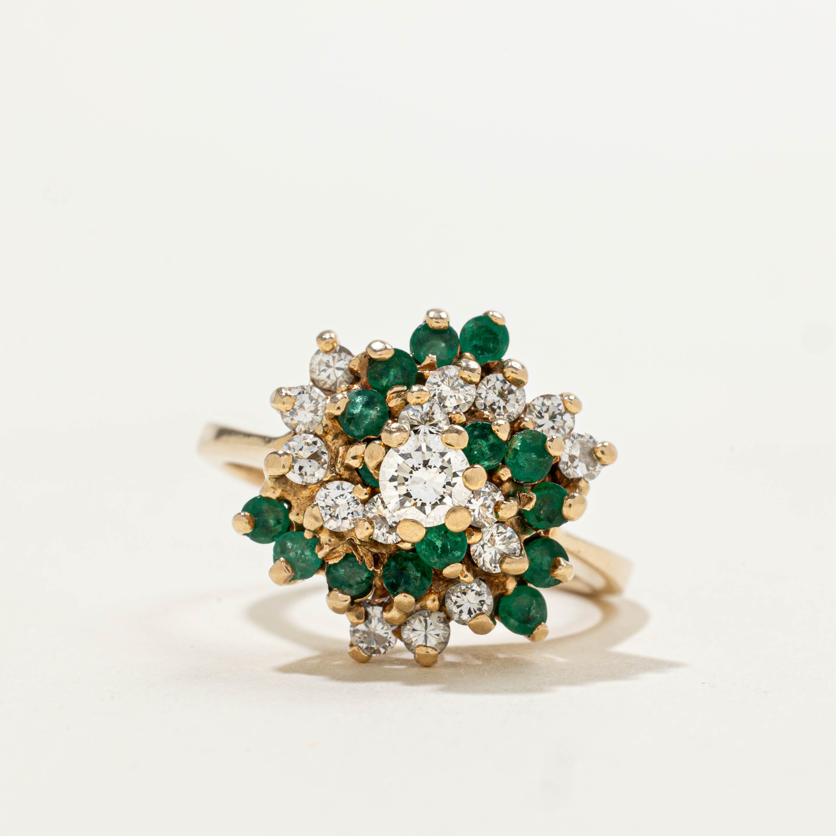 14k Emerald & Diamond Swirl Cluster Cocktail Ring | 0.62ctw, 0.40ctw | SZ 6.5