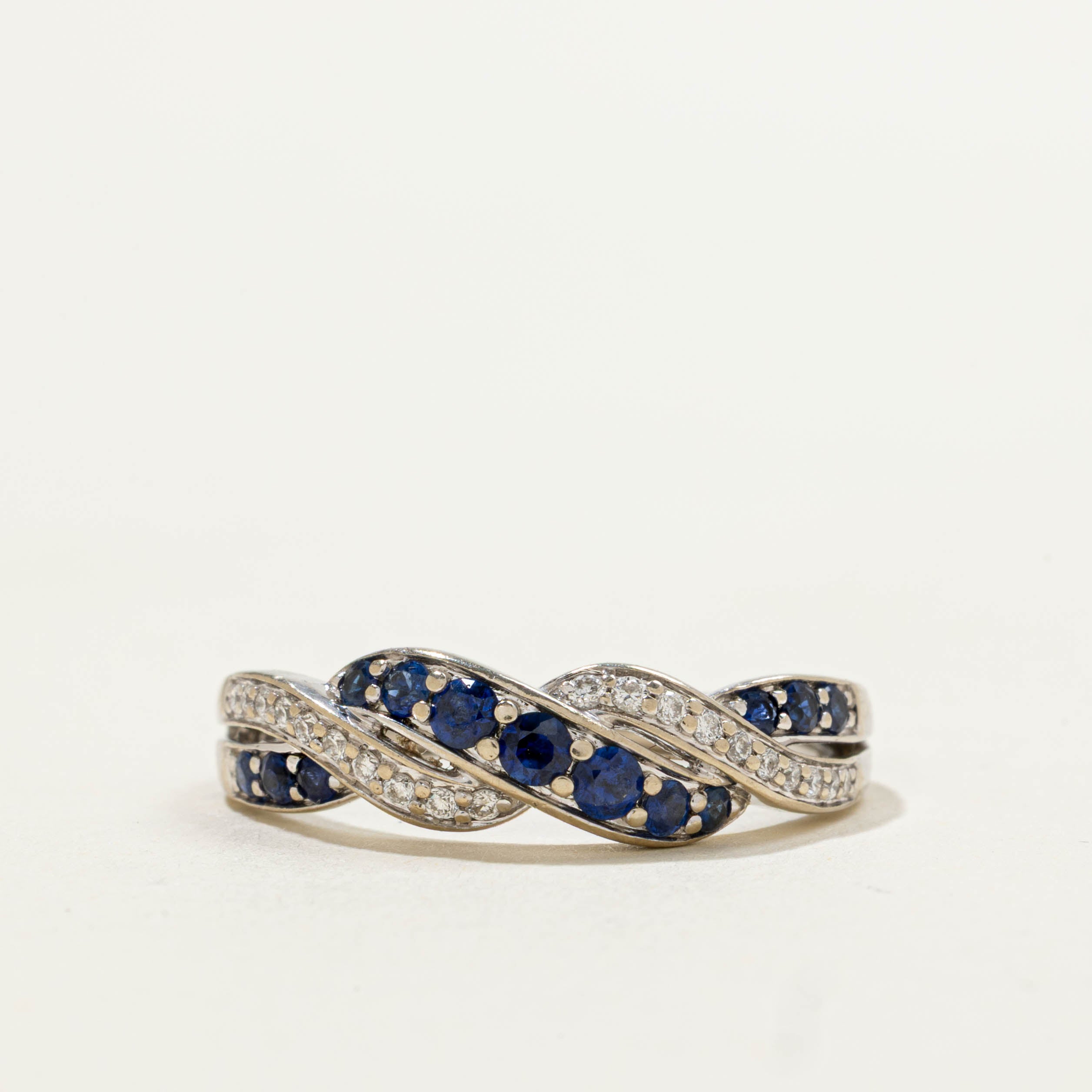 14k Sapphire & Diamond Waterfall Crossover Ring | 0.10ctw, 0.38ctw | SZ 7