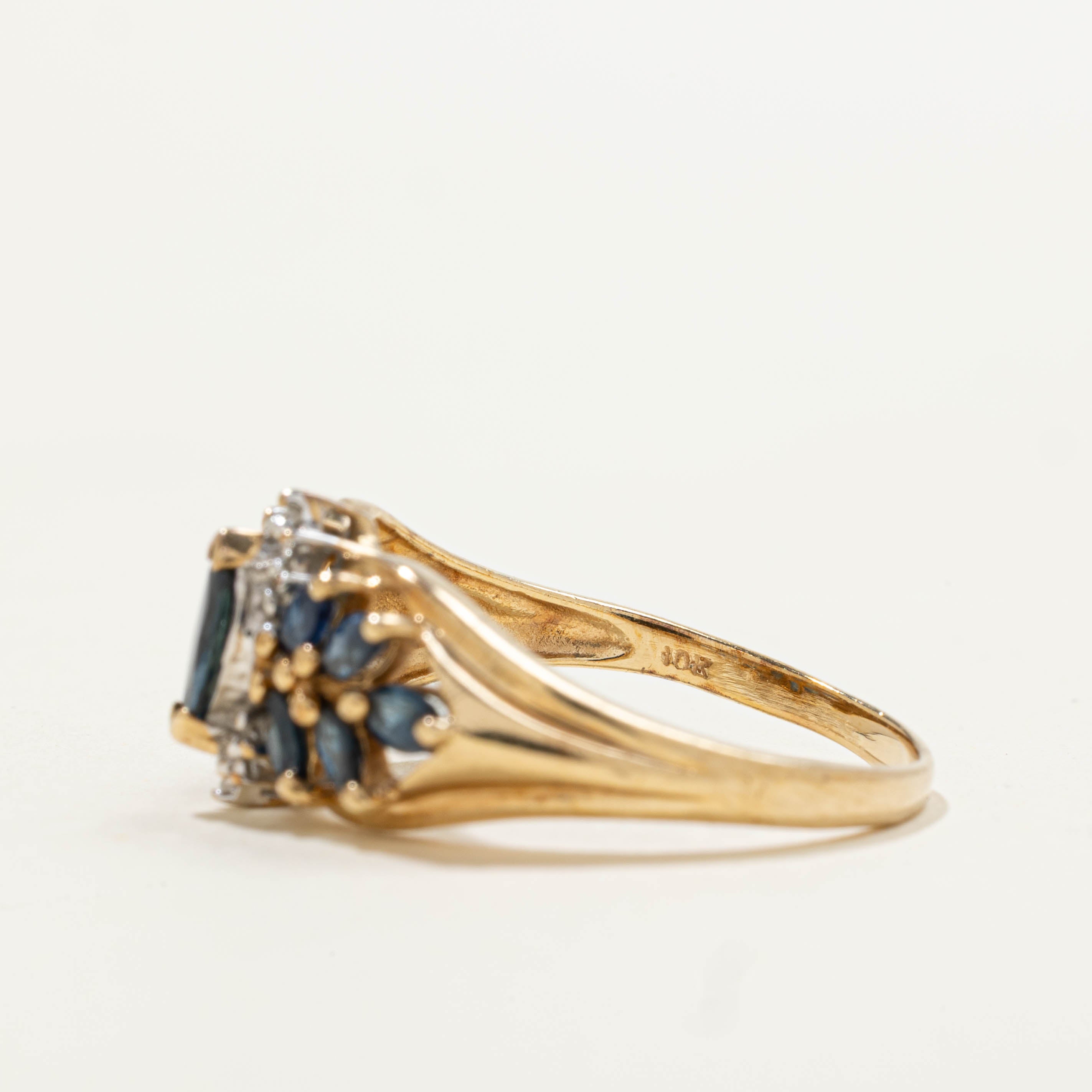 10k Marquise Cut Sapphire & Diamond Cluster Ring | 0.90ctw, 0.01ctw | SZ 7.75