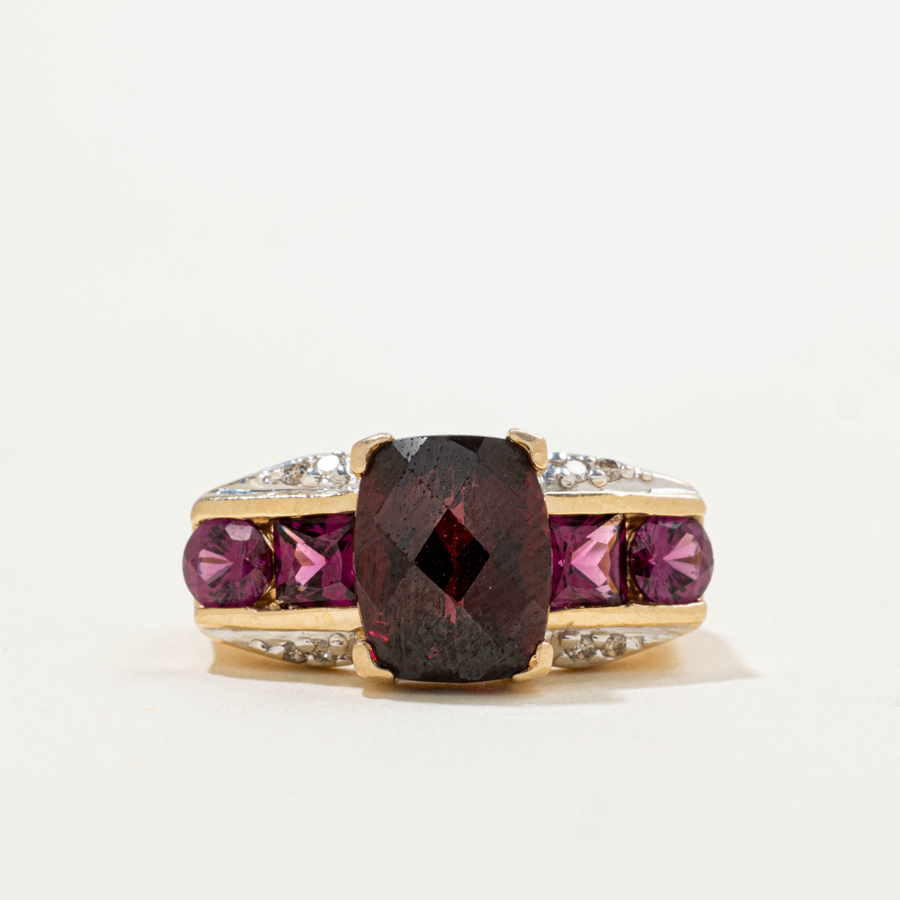 14k Cushion Cut Garnet & Diamond Accents Ring | 6.20ctw, 0.08ctw | SZ 7
