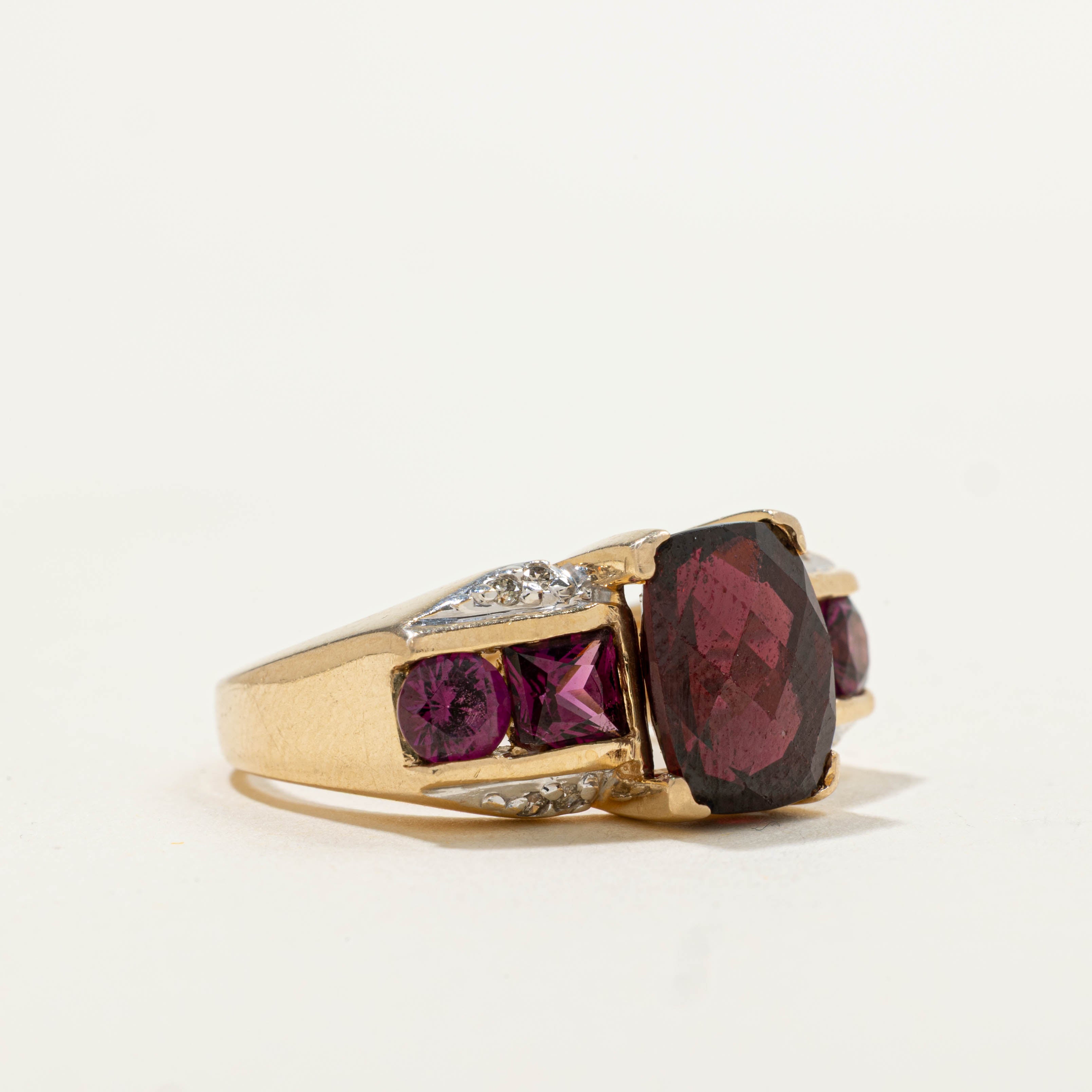 14k Cushion Cut Garnet & Diamond Accents Ring | 6.20ctw, 0.08ctw | SZ 7