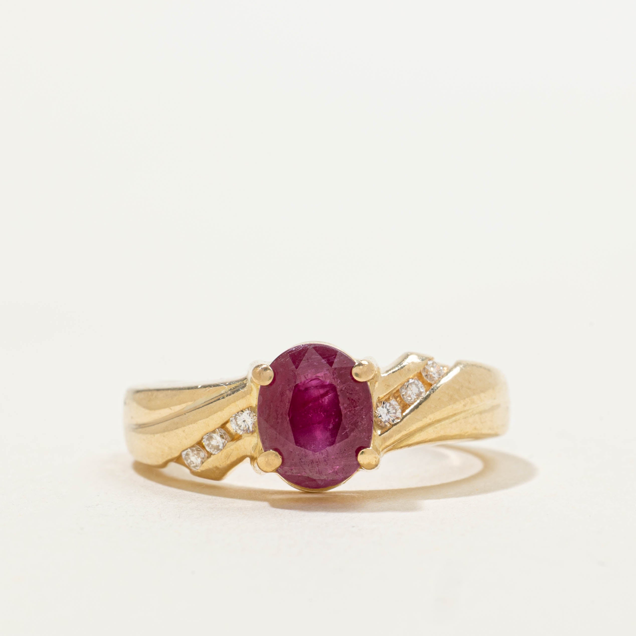 14k Ruby & Diagonal Diamond Ring | 1.10ct, 0.08ctw | SZ 5.75