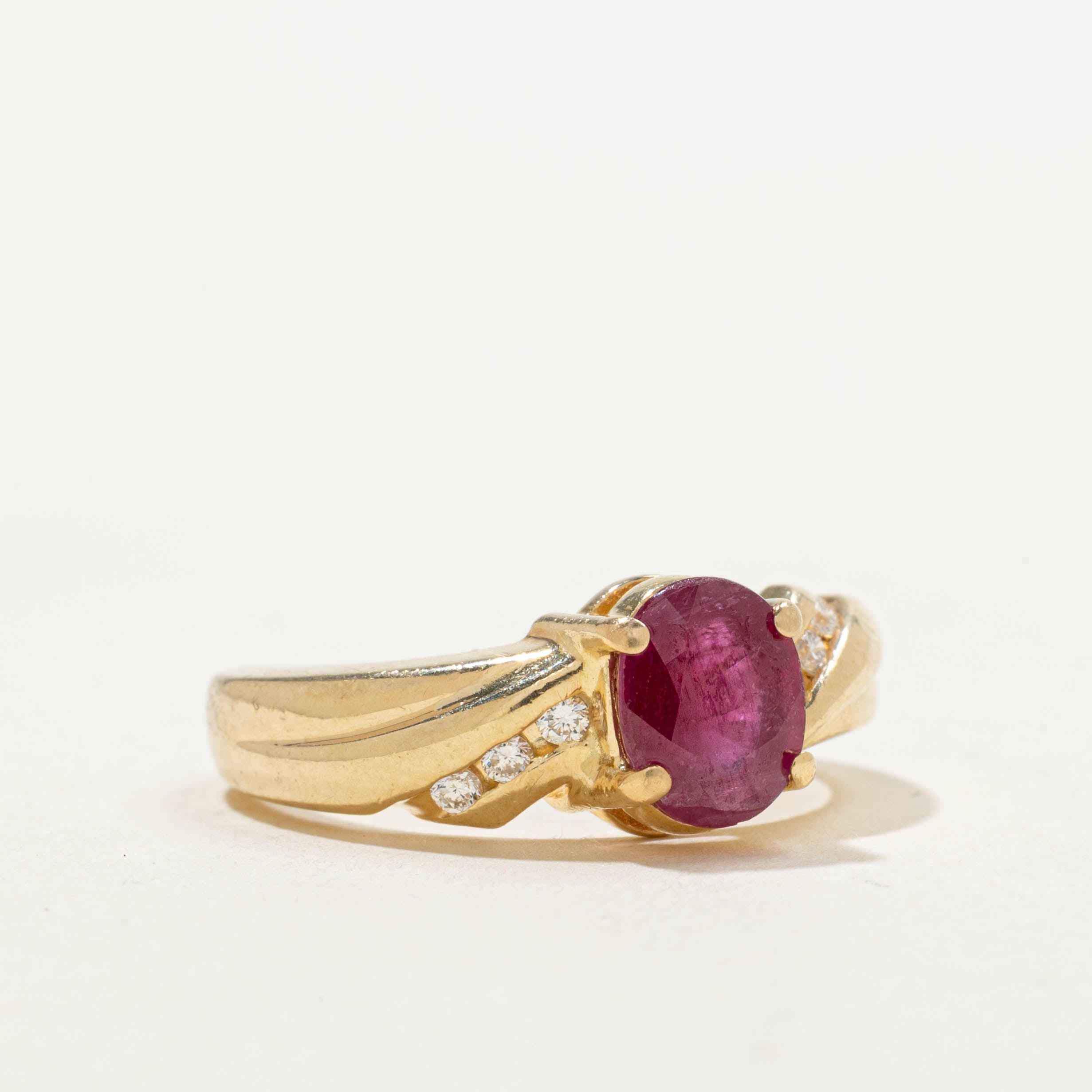 14k Ruby & Diagonal Diamond Ring | 1.10ct, 0.08ctw | SZ 5.75