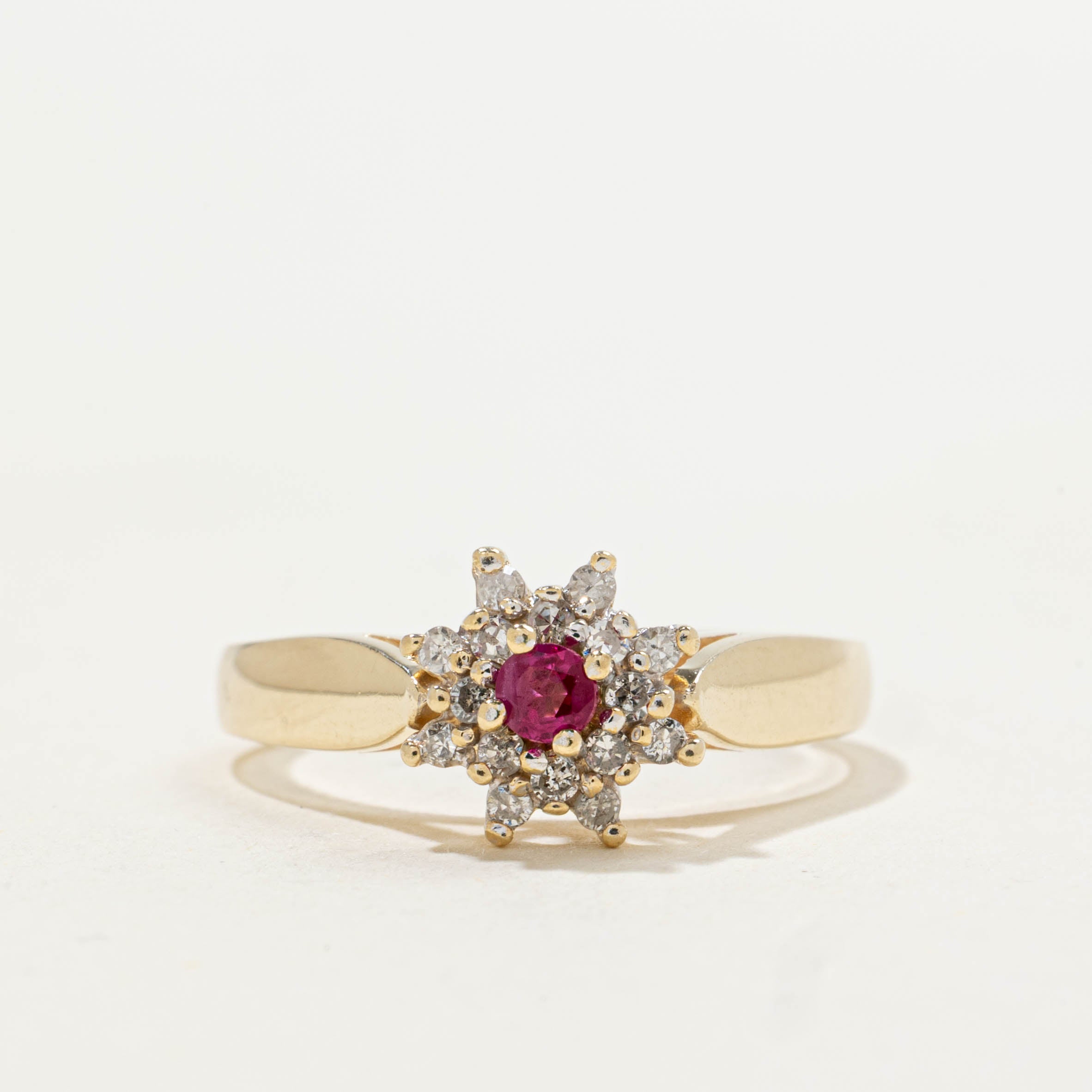 10k Ruby & Diamond Petal Cluster Ring | 0.09ct, 0.12ctw | SZ 6