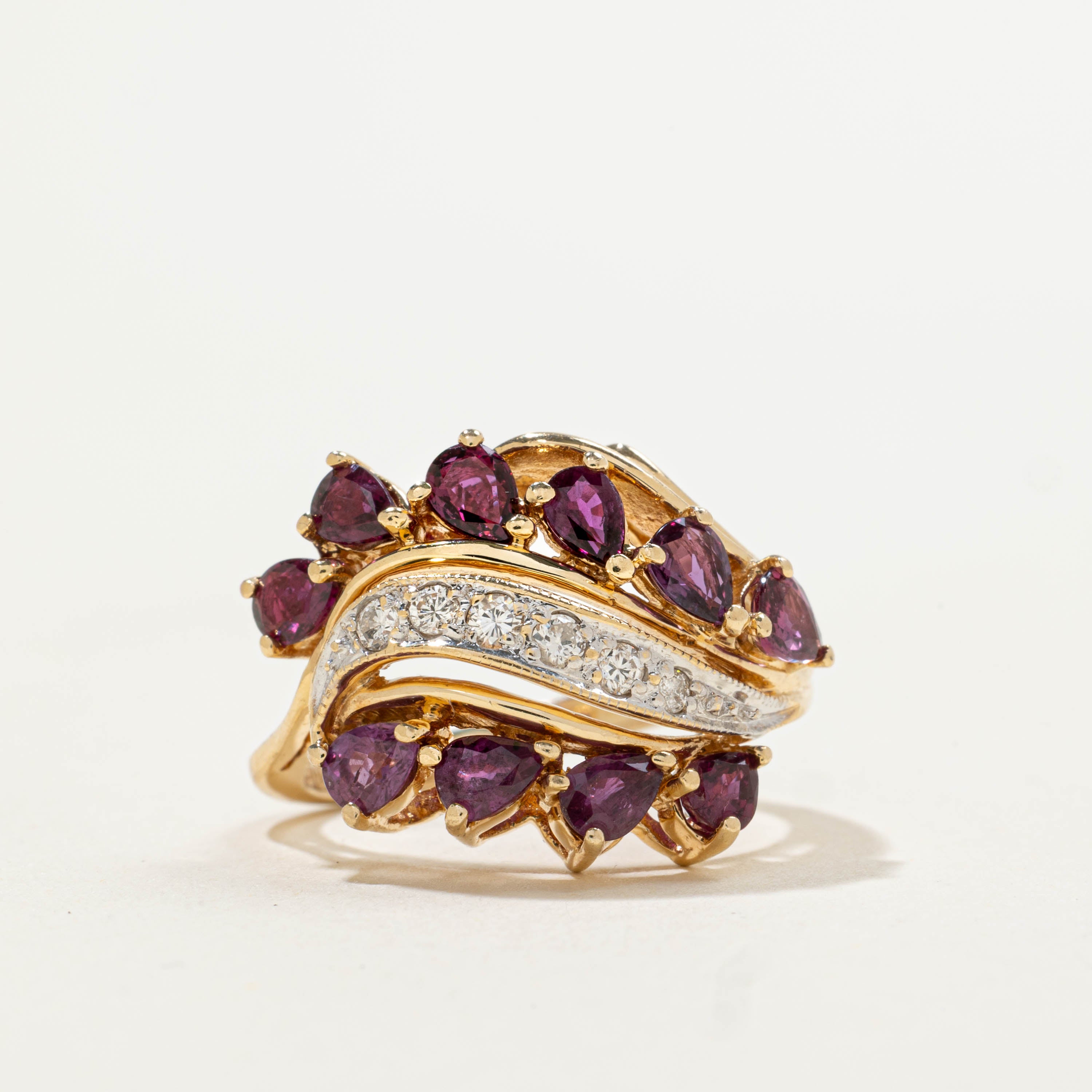 14k Pear Cut Ruby & Diamond Wave Cocktail Ring | 1.60ctw, 0.12ctw | SZ 4.25
