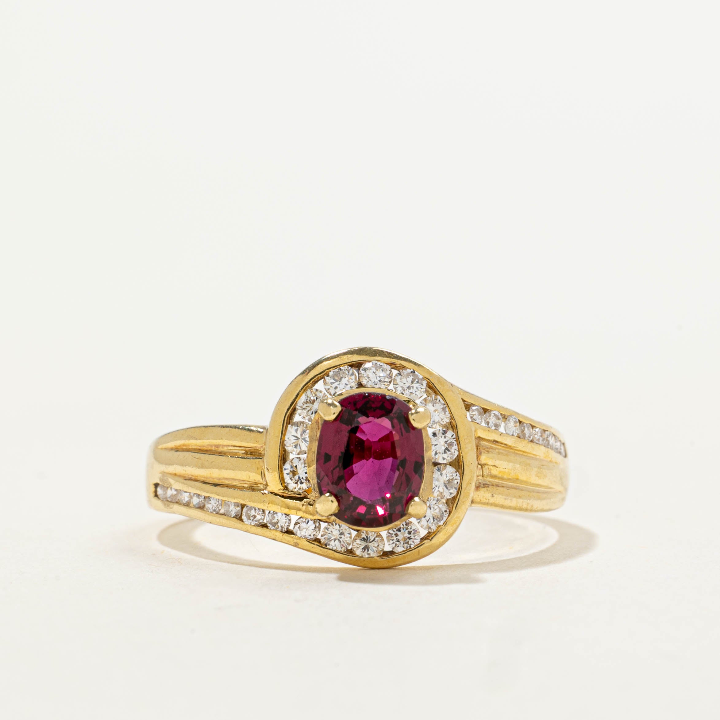 18k Channel Set Ruby & Diamond Halo Ring | 0.34ctw, 0.80ct | SZ 8