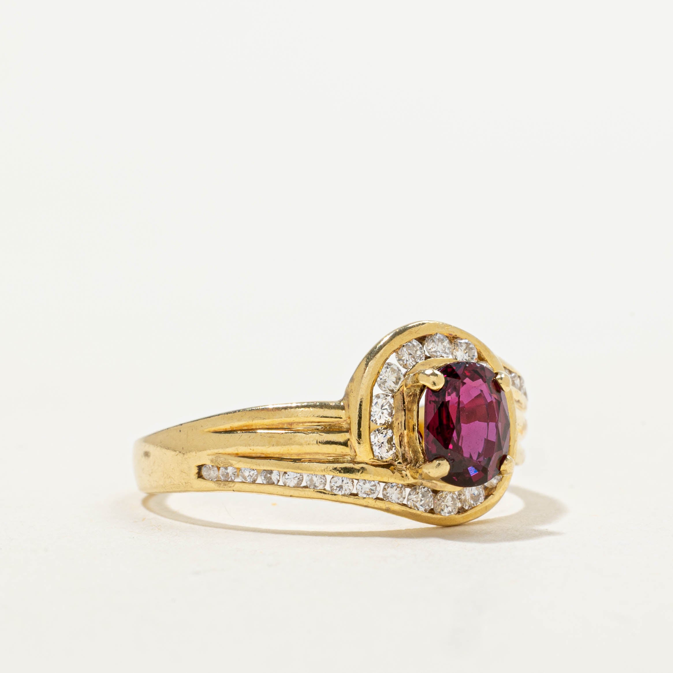 18k Channel Set Ruby & Diamond Halo Ring | 0.34ctw, 0.80ct | SZ 8