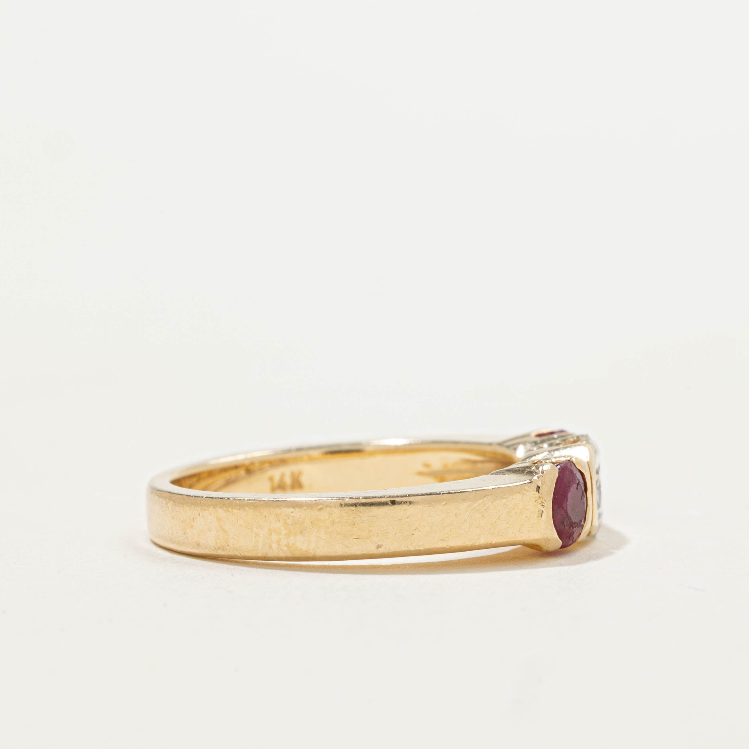 14k Three Stone Ruby & Diamond Ring | 0.56ctw, 0.43ct I1 J | SZ 5.5