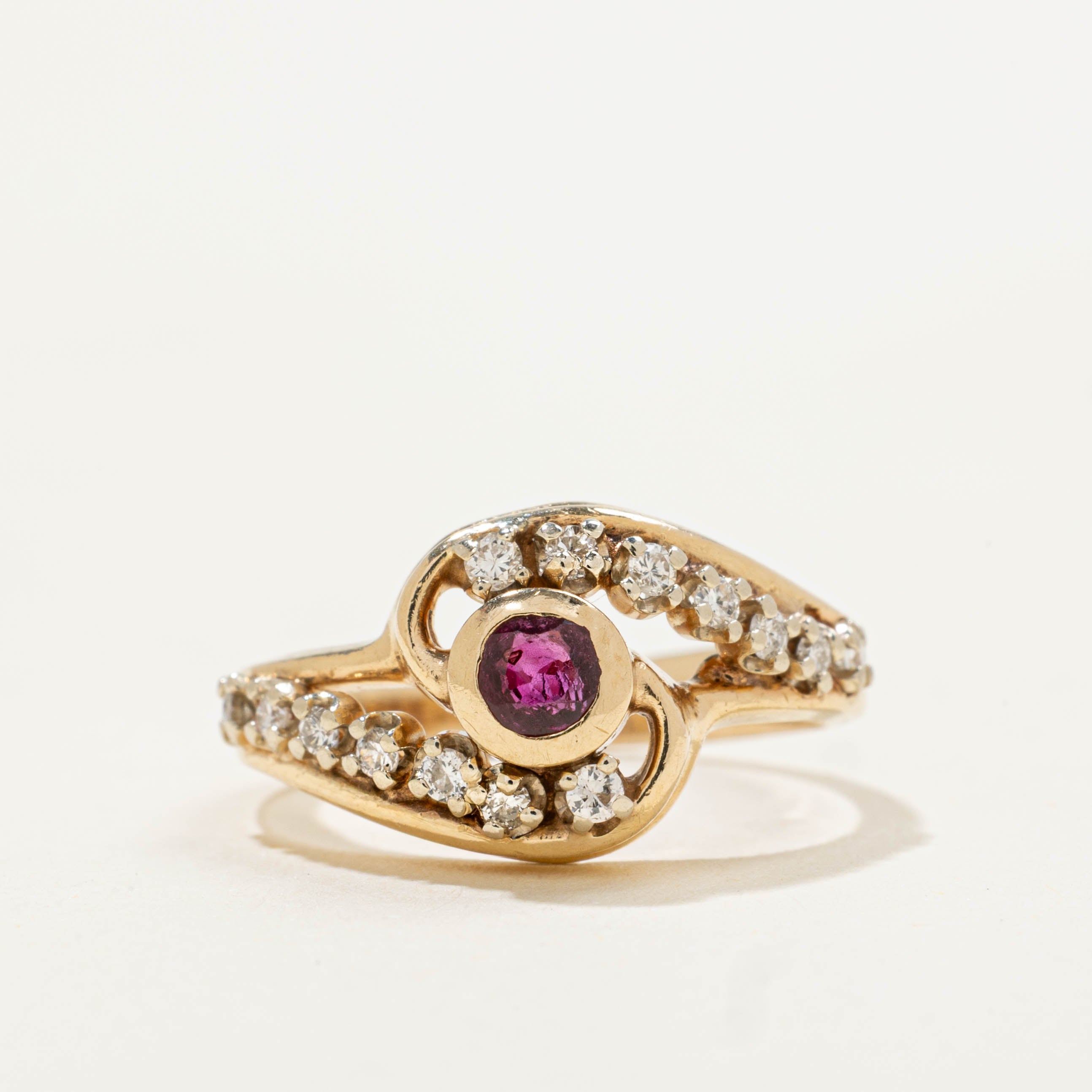 14k Bezel Set Ruby & Diamond Bypass Ring | 0.14ct, 0.14ctw | SZ 2.75