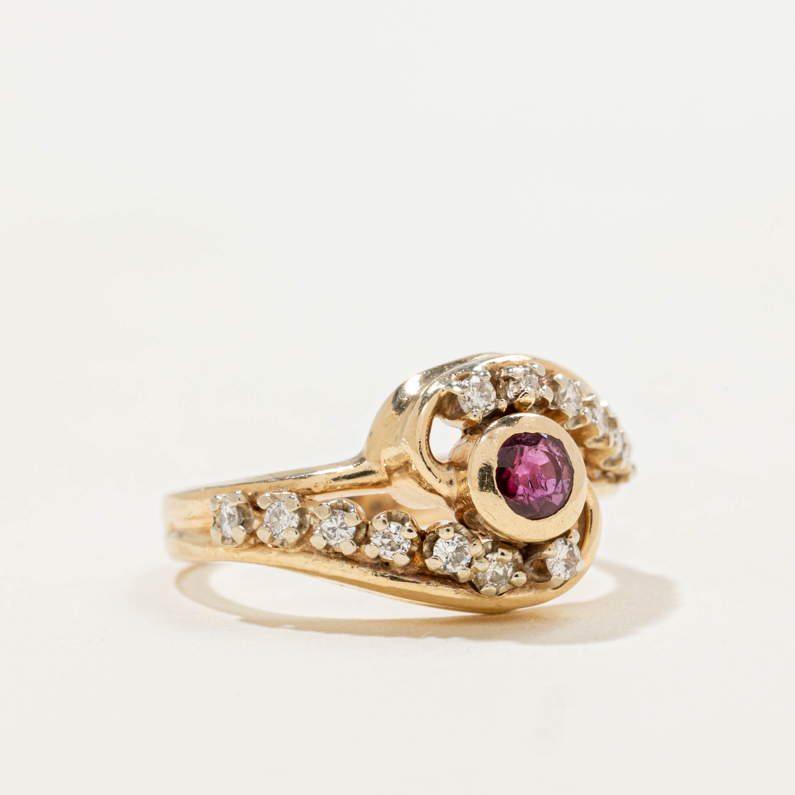 14k Bezel Set Ruby & Diamond Bypass Ring | 0.14ct, 0.14ctw | SZ 2.75