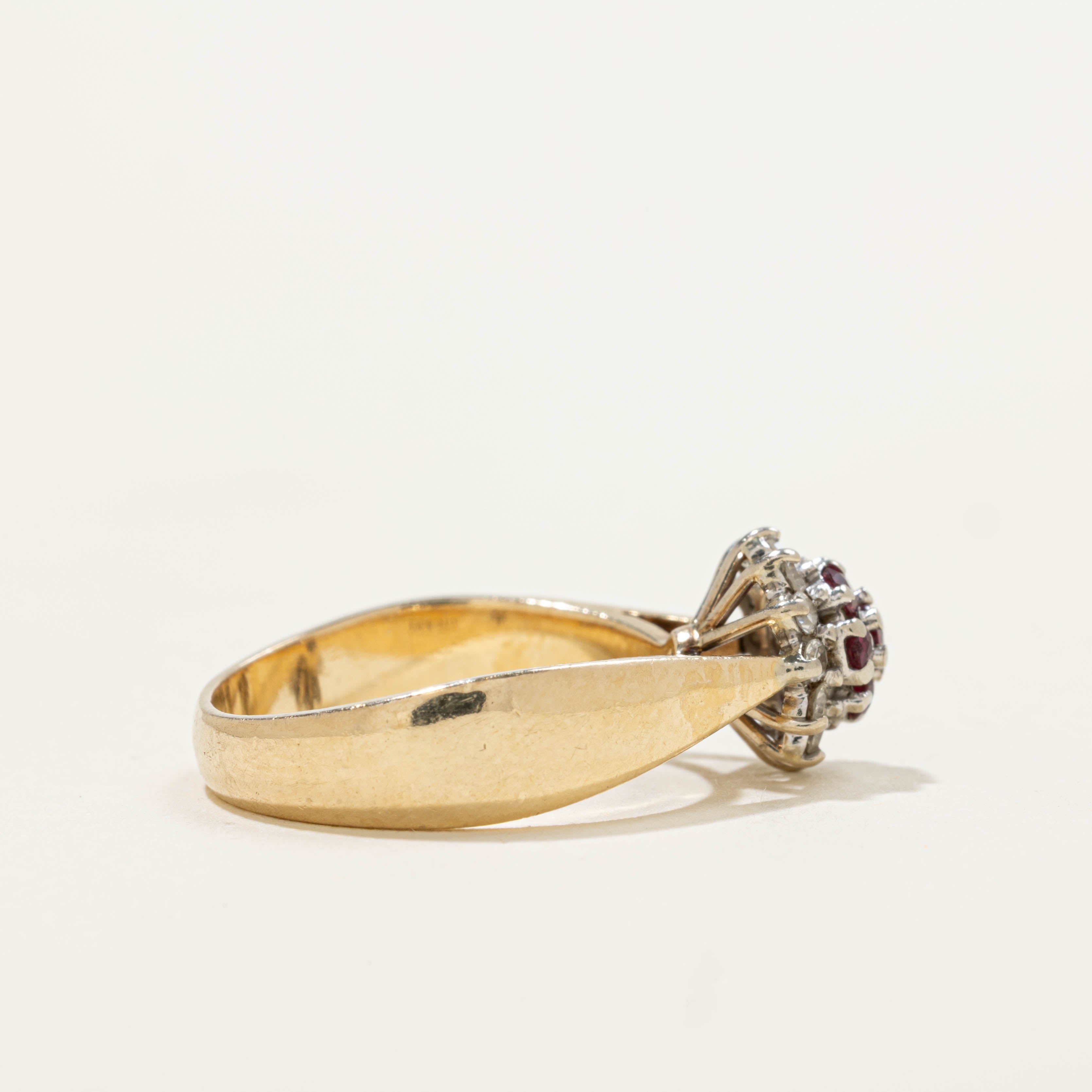 14k Ruby & Diamond Cluster Reverse Tapered Ring | 0.25ctw, 0.18ctw | SZ 6